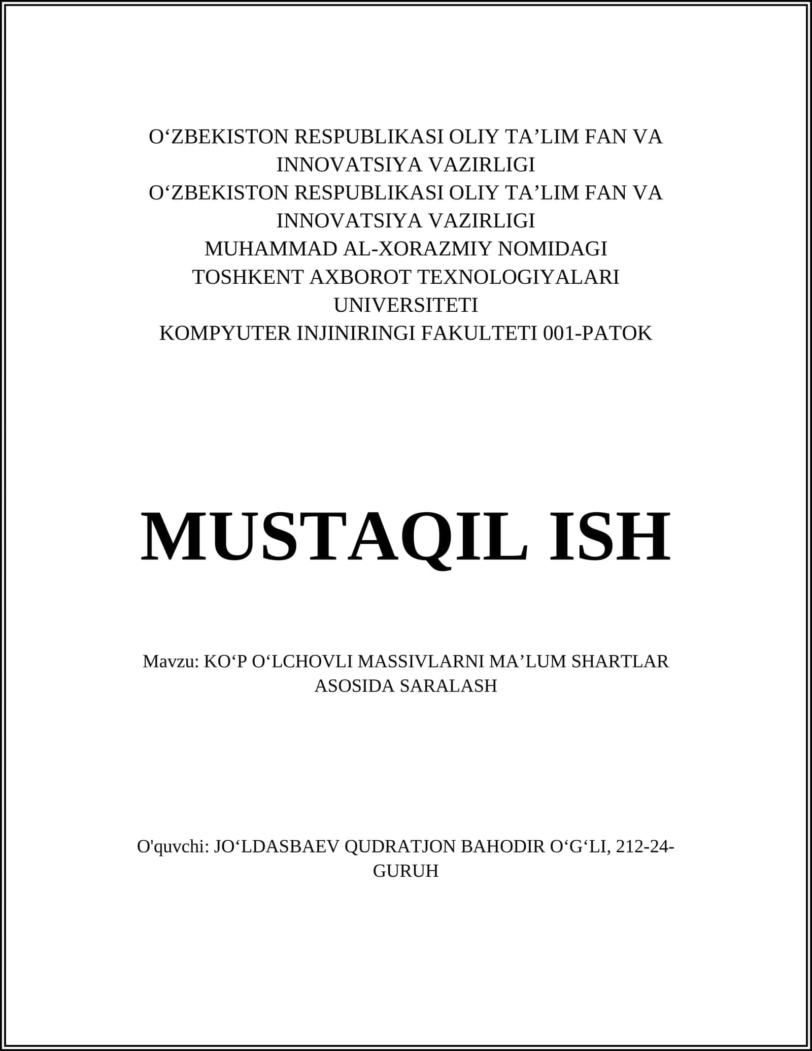 KO‘P O‘LCHOVLI MASSIVLARNI MA’LUM SHARTLAR ASOSIDA SARALASH