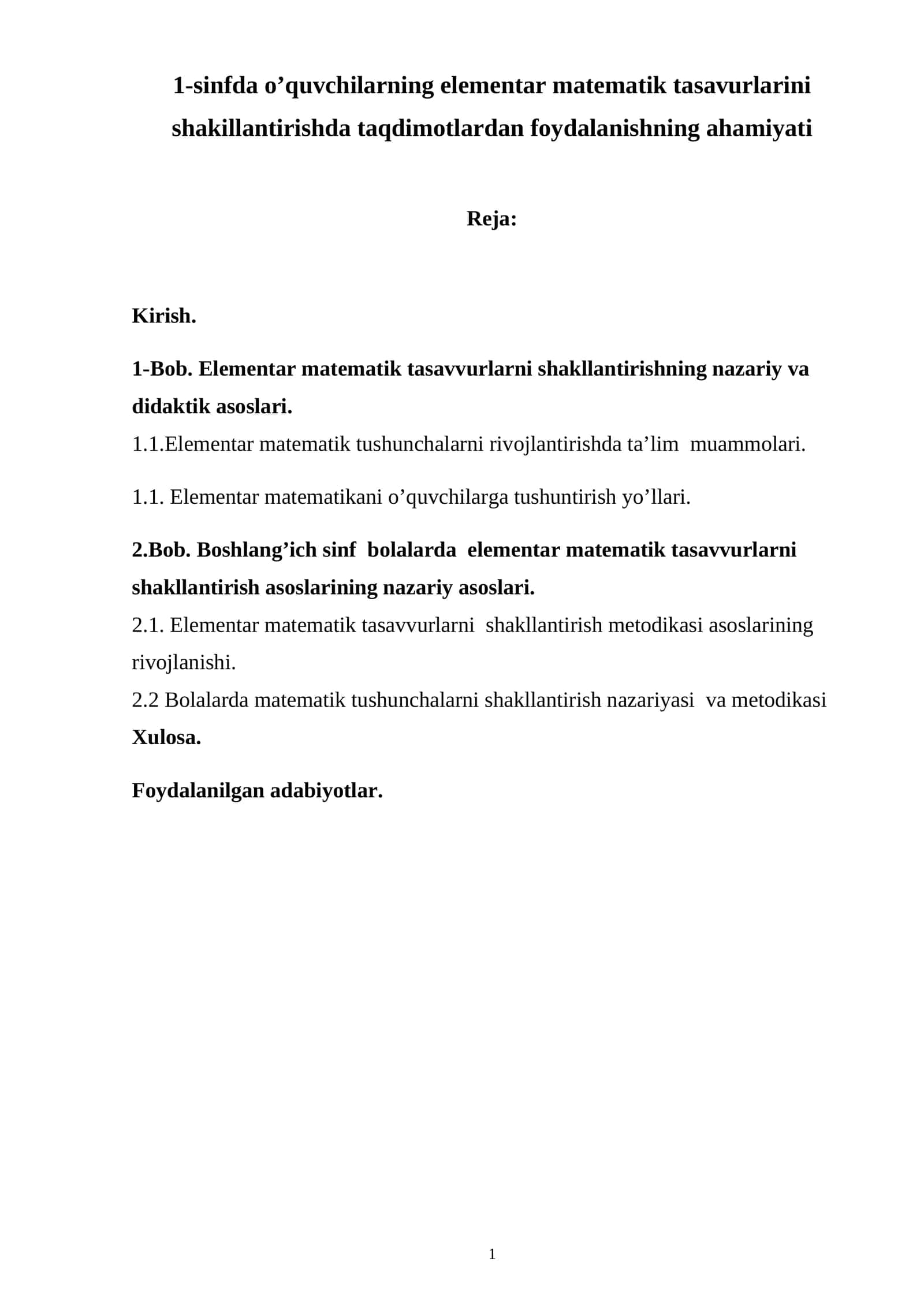 1-sinfda o’quvchilarning elementar matematik tasavvurlarini shakillantirishda taqdimotlardan foydalanishning ahamiyati