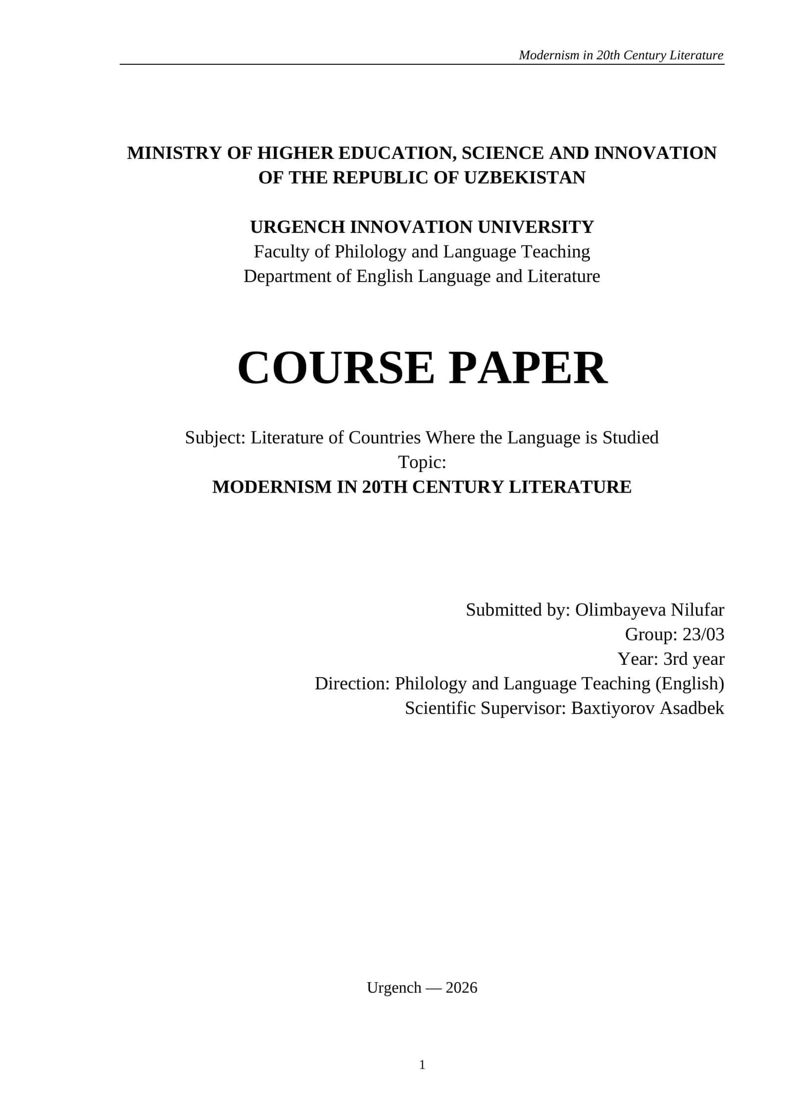 MODERNISM IN 20TH CENTURY LITERATURE