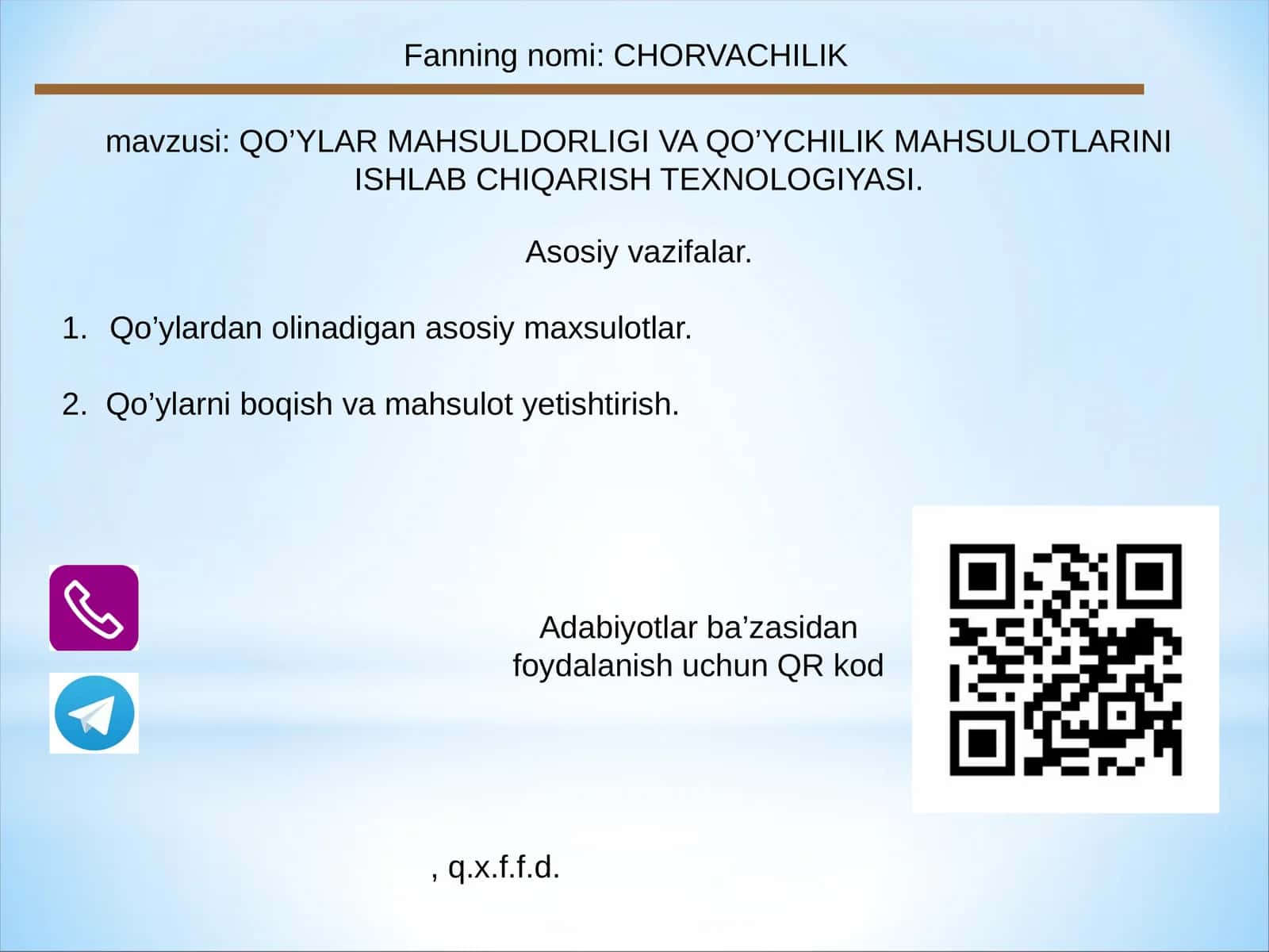 QO’YLAR MAHSULDORLIGI VA QO’YCHILIK MAHSULOTLARINI ISHLAB CHIQARISH TEXNOLOGIYASI