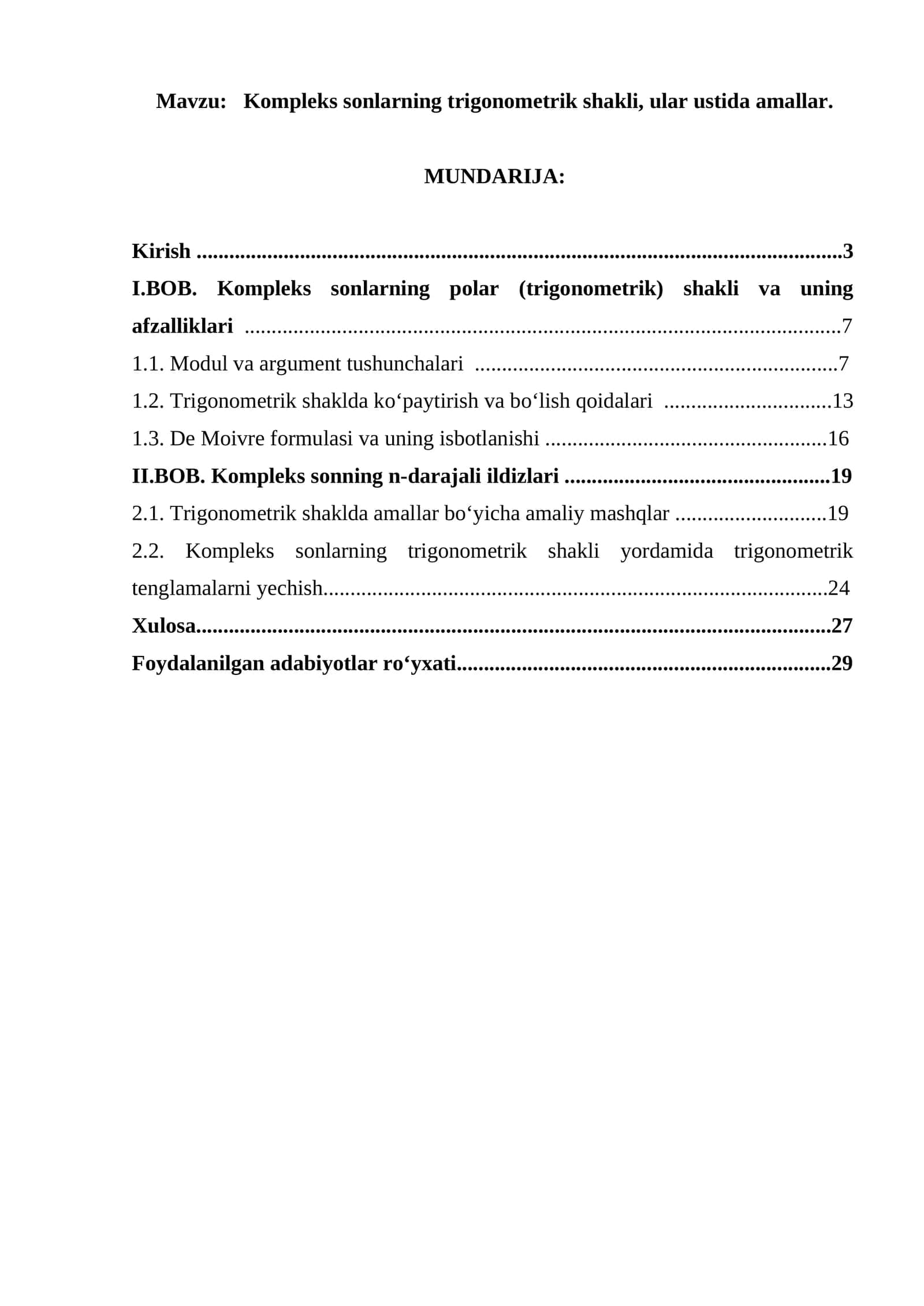 Kompleks sonlarning trigonometrik shakli, ular ustida amallar
