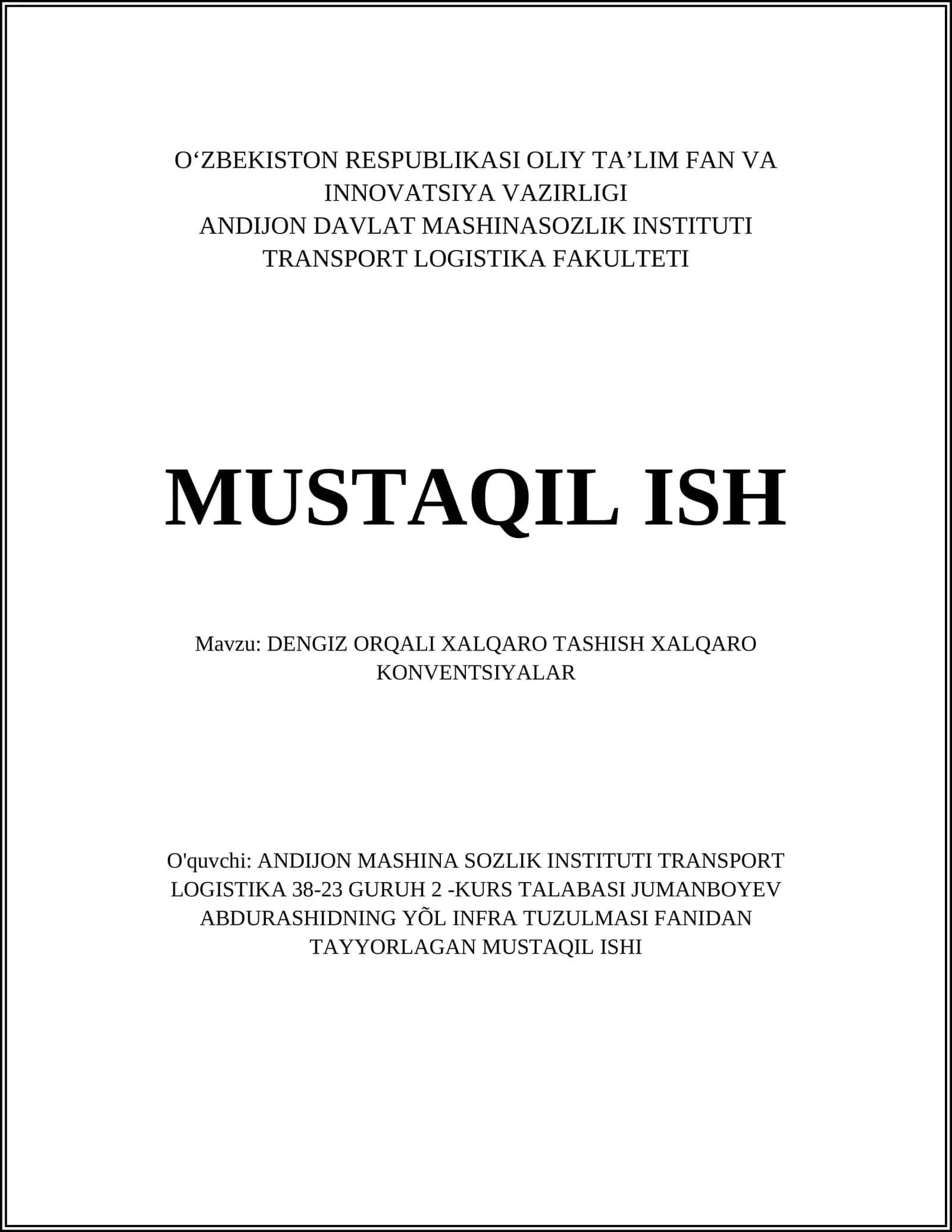 DENGIZ ORQALI XALQARO TASHISH XALQARO KONVENTSIYALAR