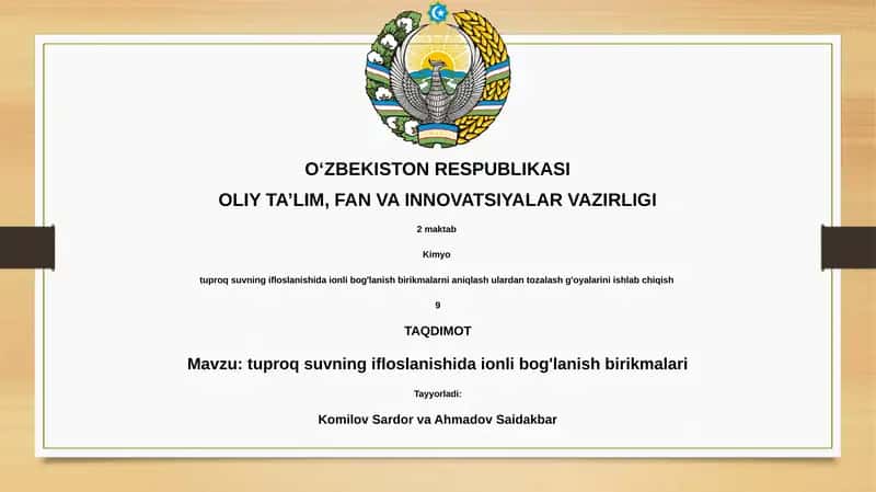 tuproq suvning ifloslanishida ionli bog'lanish birikmalari