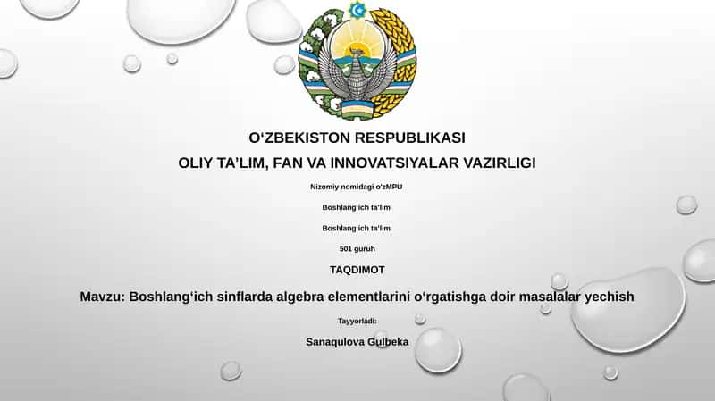 Boshlangʻich sinflarda algebra elementlarini o'rgatishga doir masalalar yechish