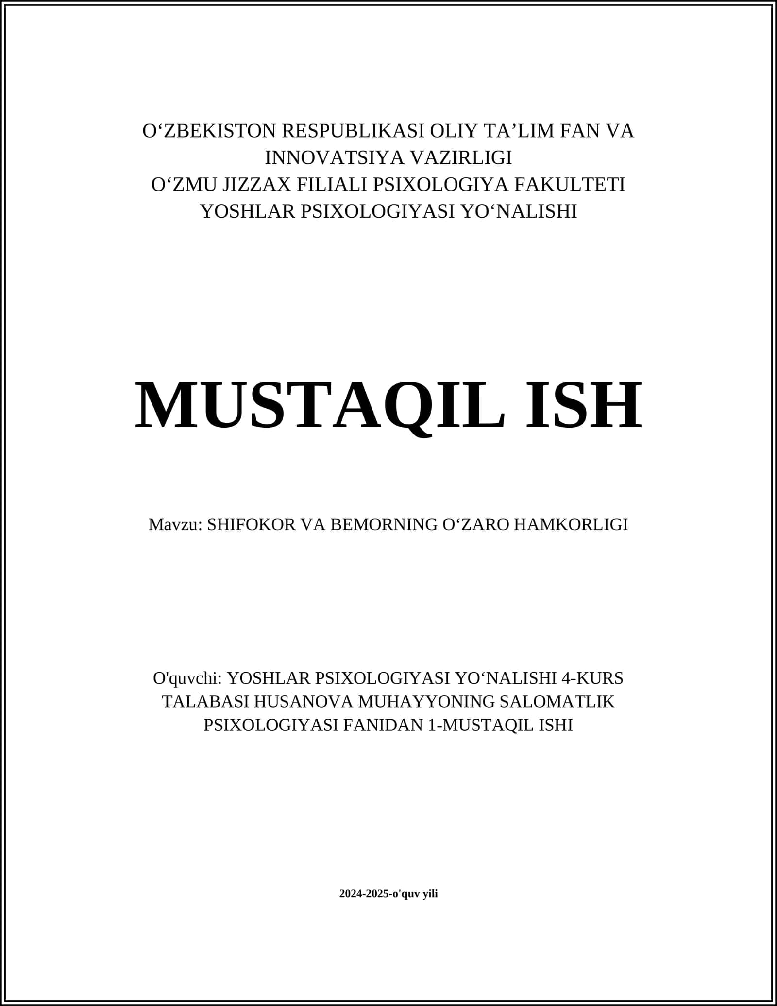 SHIFOKOR VA BEMORNING OʻZARO HAMKORLIGI