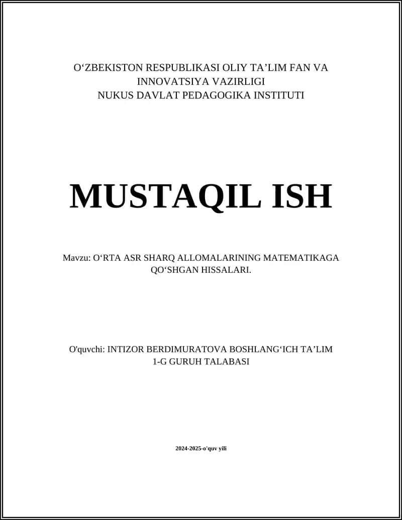 Al-Khwarizmiyning algebra faniga qoʻshgan hissasi