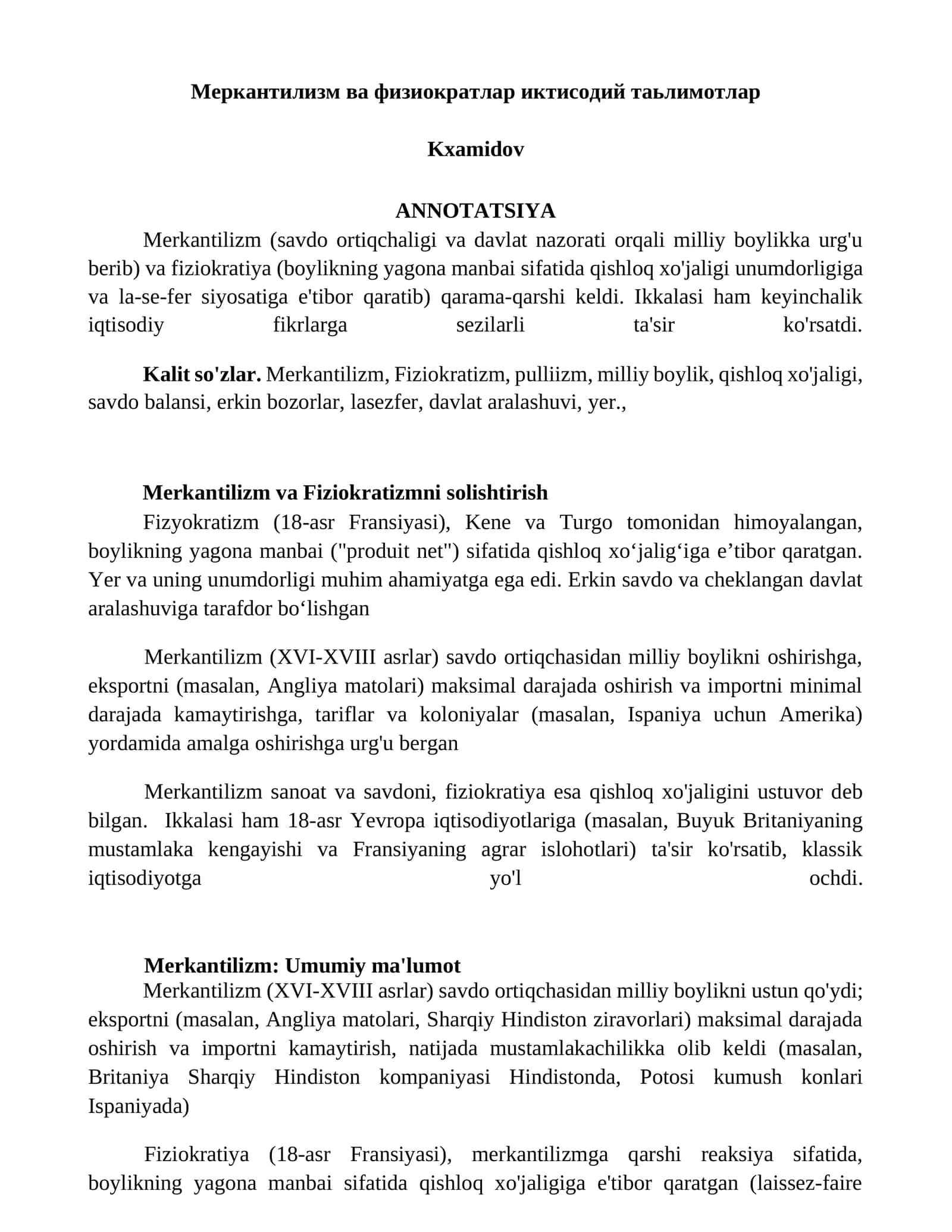 Merkantilizm va fiziokratlar iqtisodiy ta'limotlar
