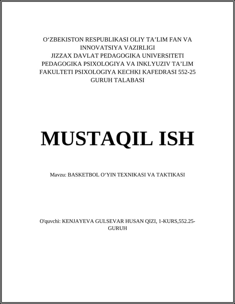 BASKETBOL OʻYIN TEXNIKASI VA TAKTIKASI