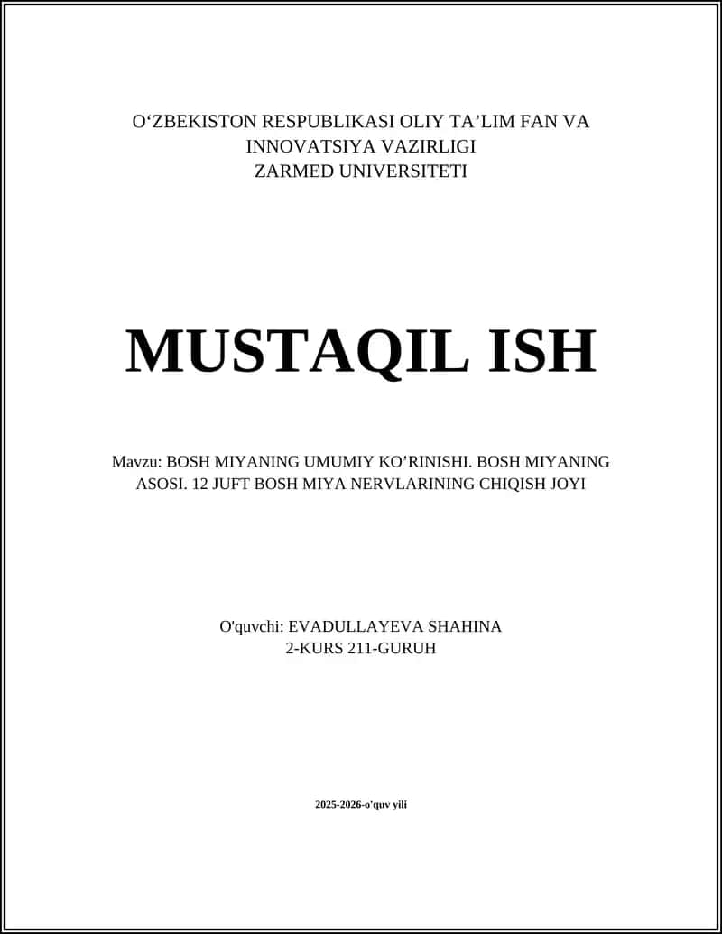 BOSH MIYANING UMUMIY KO'RINISHI