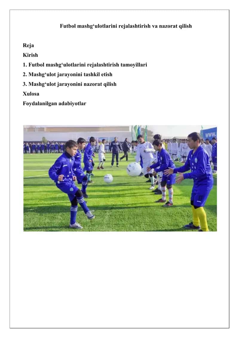 Futbol mashg‘ulotlarini rejalashtirish va nazorat qilish