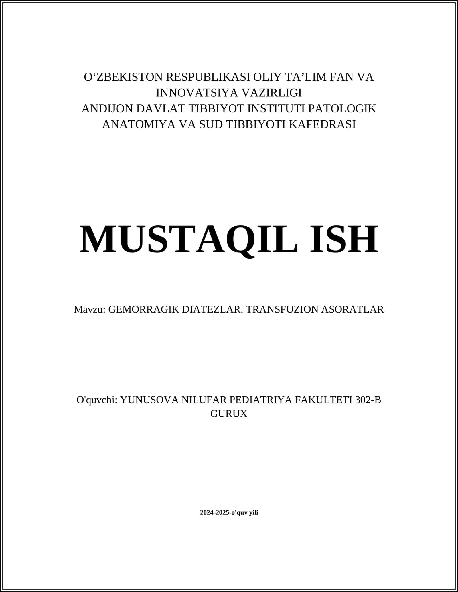 GEMORRAGIK DIATEZLAR. TRANSFUZION ASORATLAR