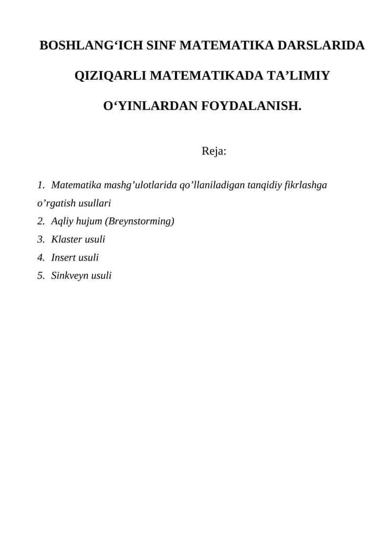 Qiziqarli matematikada ta'limiy o'yinlar