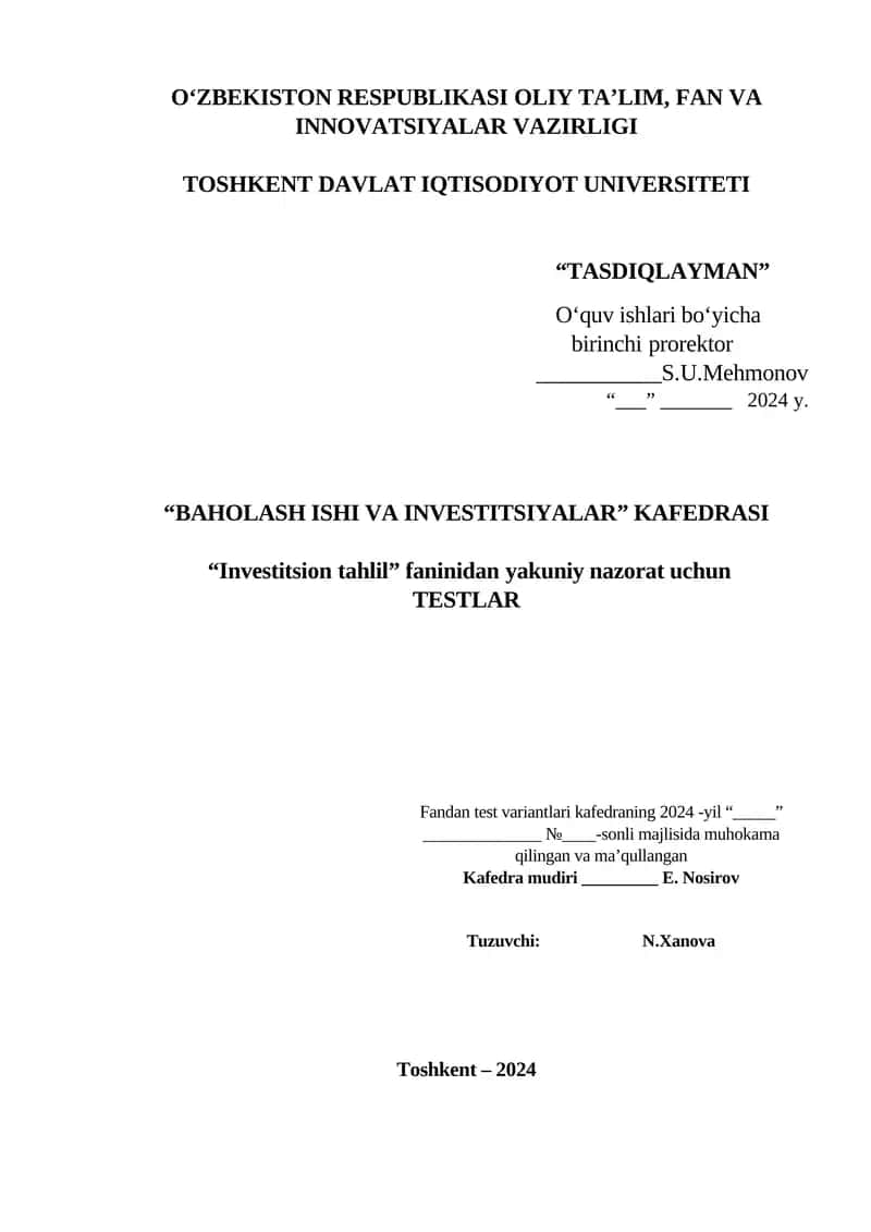 Investitsiya fanidan yakuniy nazorat testlari