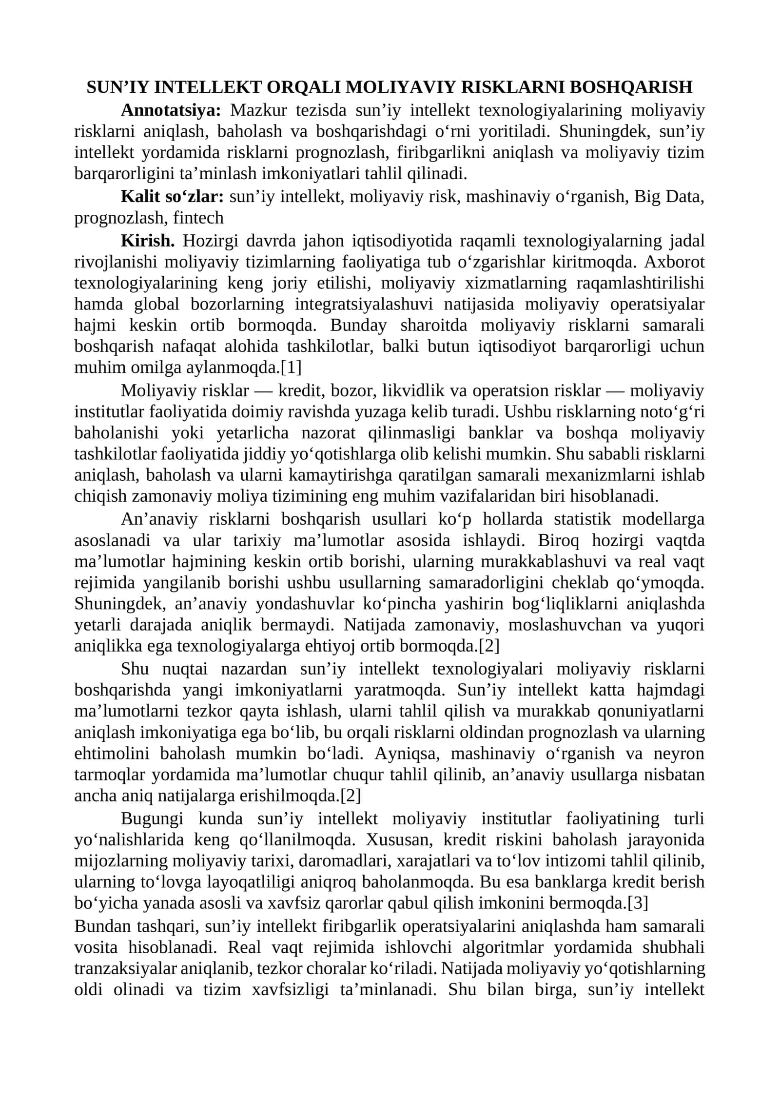 SUN’IY INTELLEKT ORQALI MOLIYAVIY RISKLARNI BOSHQARISH