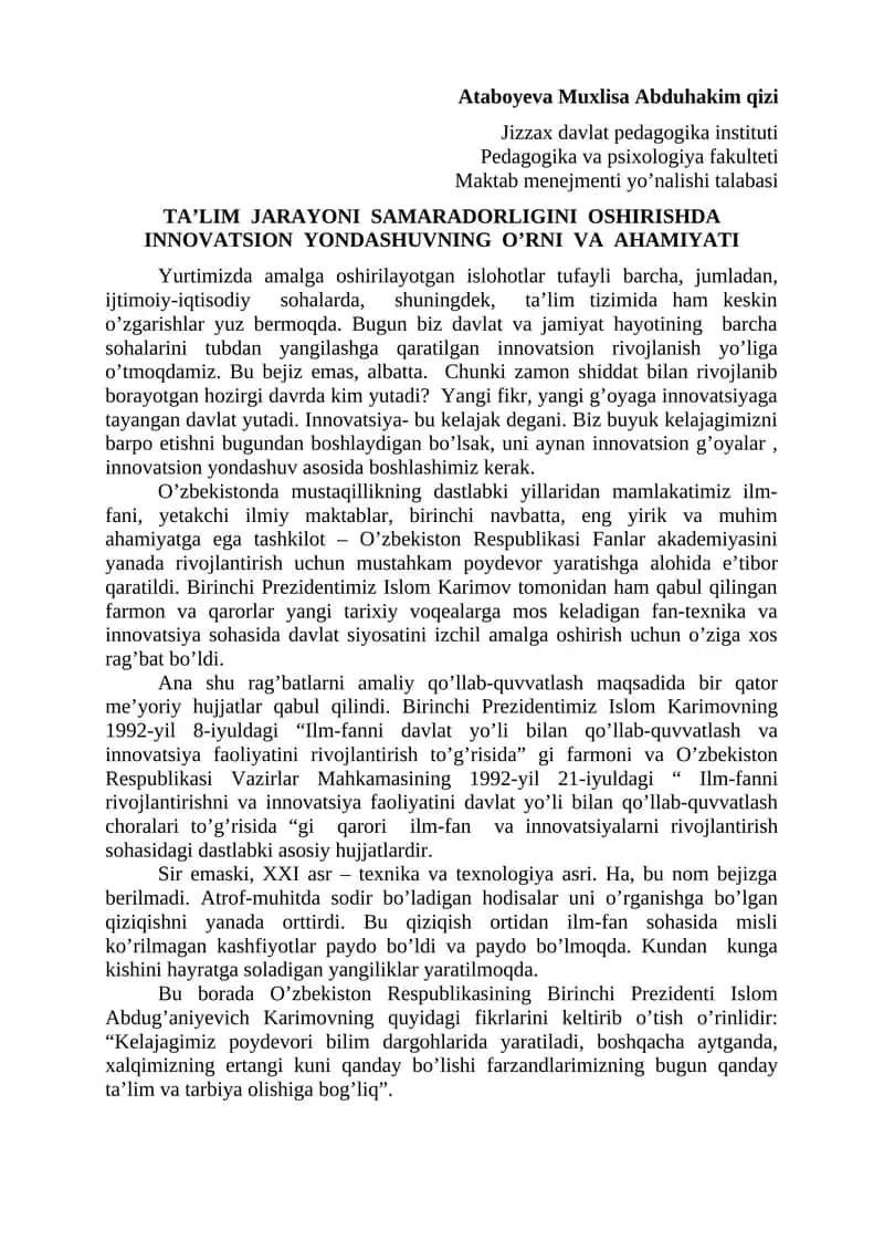 Ta'lim jarayoni samaradorligini oshirishda innovatsion yondashuvning o’rni va ahamiyati