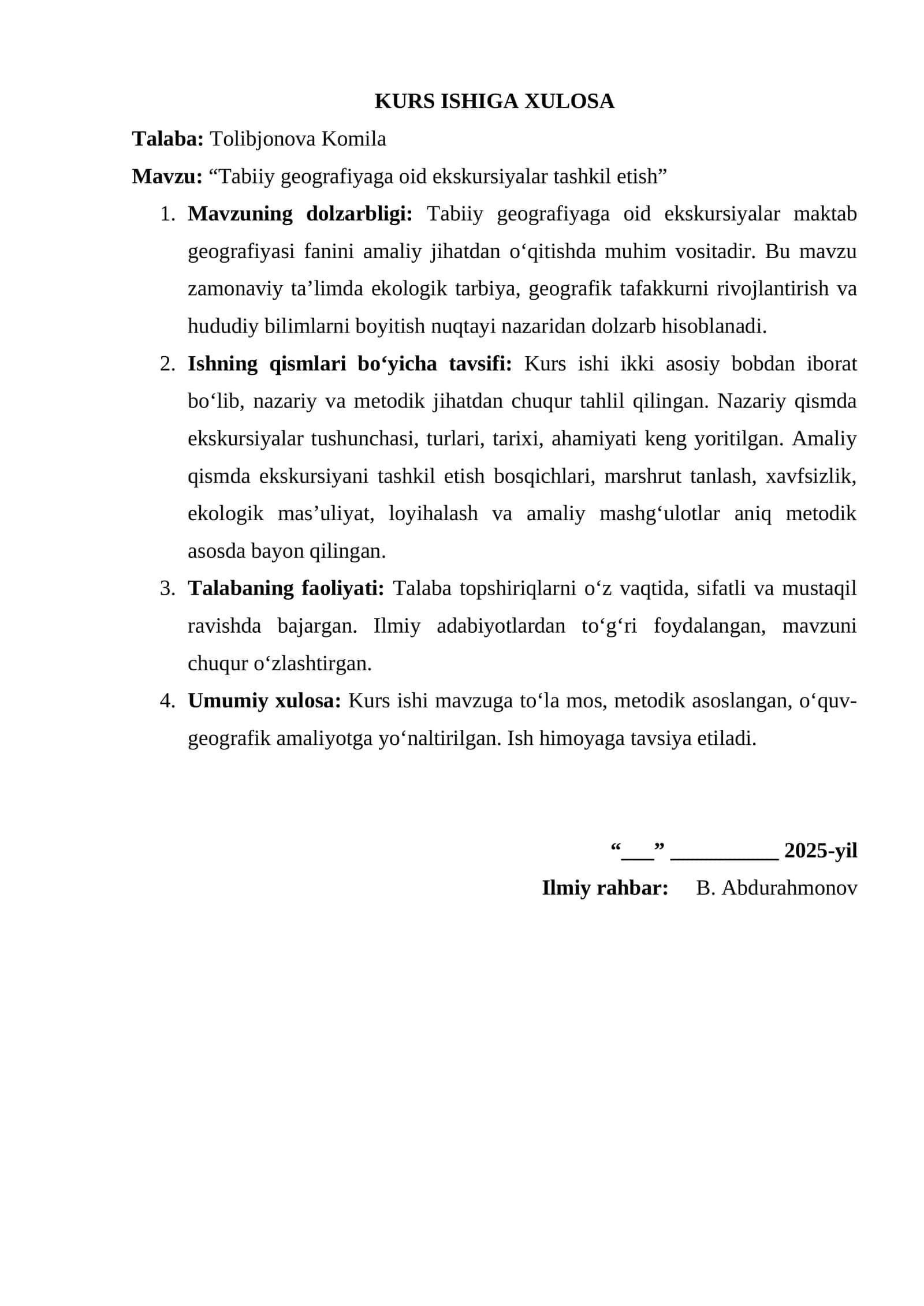 Tabiiy geografiyaga oid ekskursiyalar tashkil etish