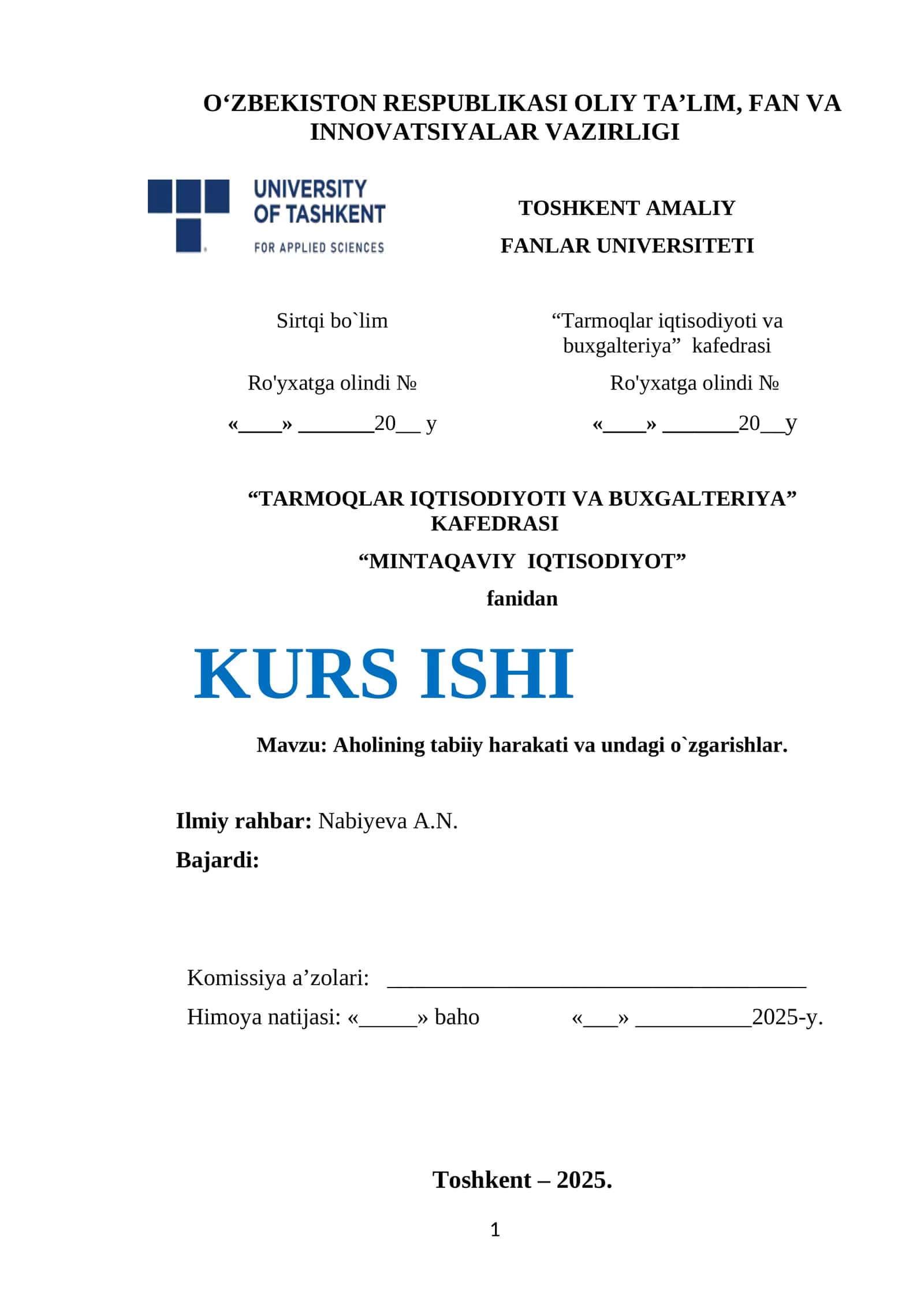MINTAQAVIY IQTISODIYOT KURS ISHI