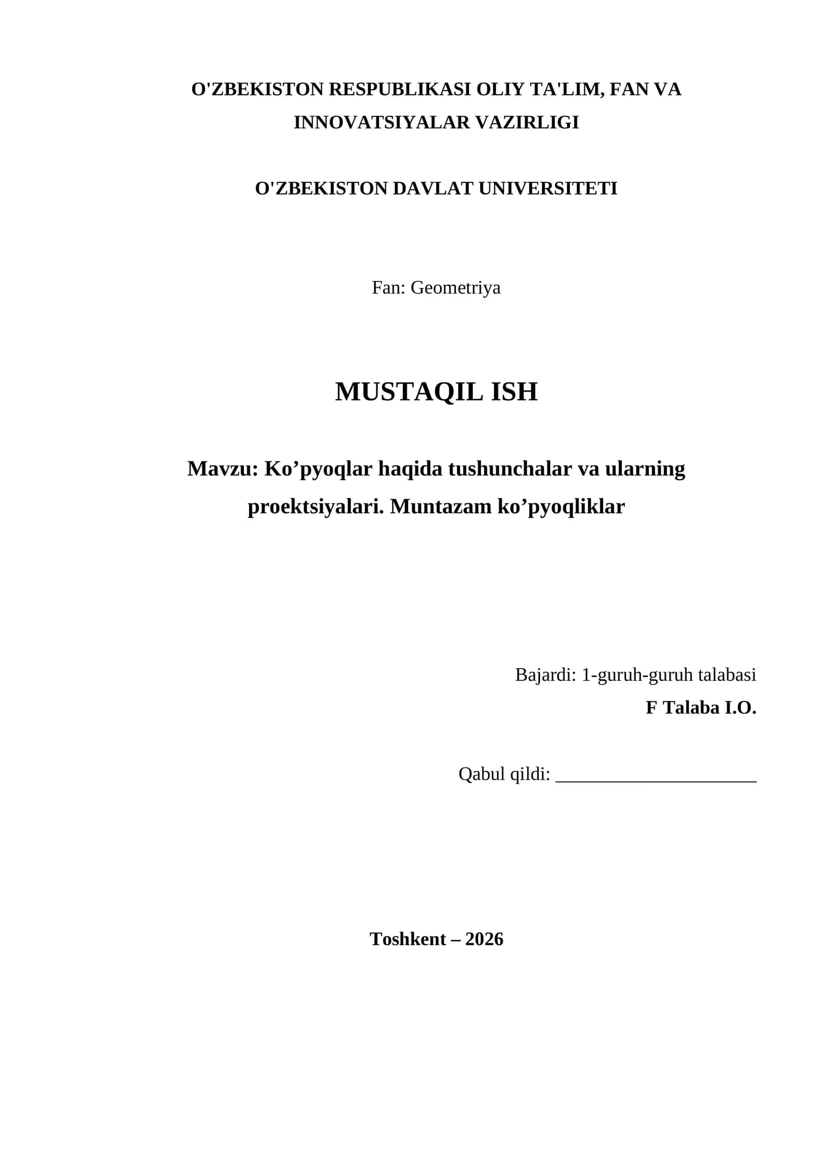 Ko’pyoqlar haqida tushunchalar va ularning proеktsiyalari. Muntazam ko’pyoqliklar