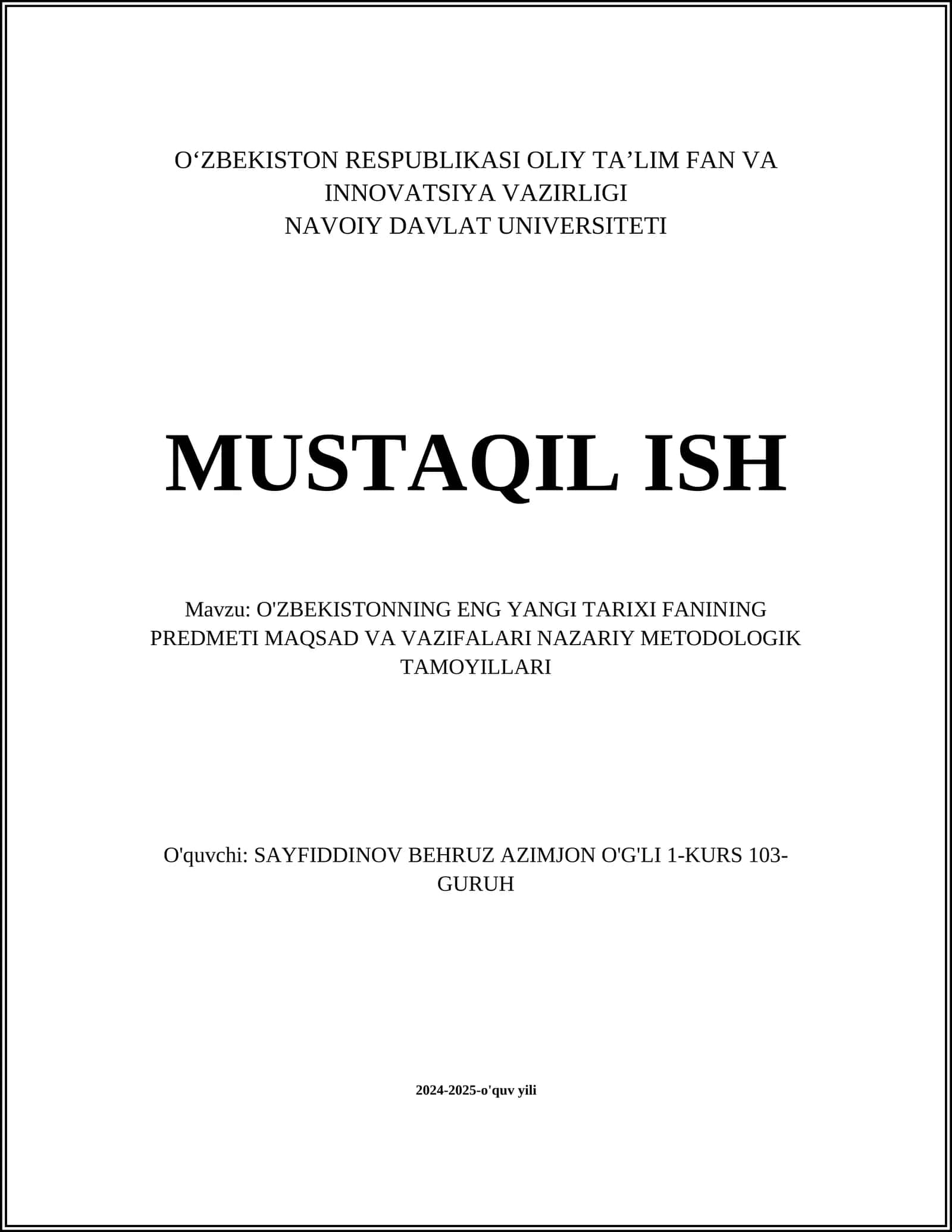 O'ZBEKISTONNING ENG YANGI TARIXI FANINING PREDMETI MAQSAD VA VAZIFALARI NAZARIY METODOLOGIK TAMOYILLARI