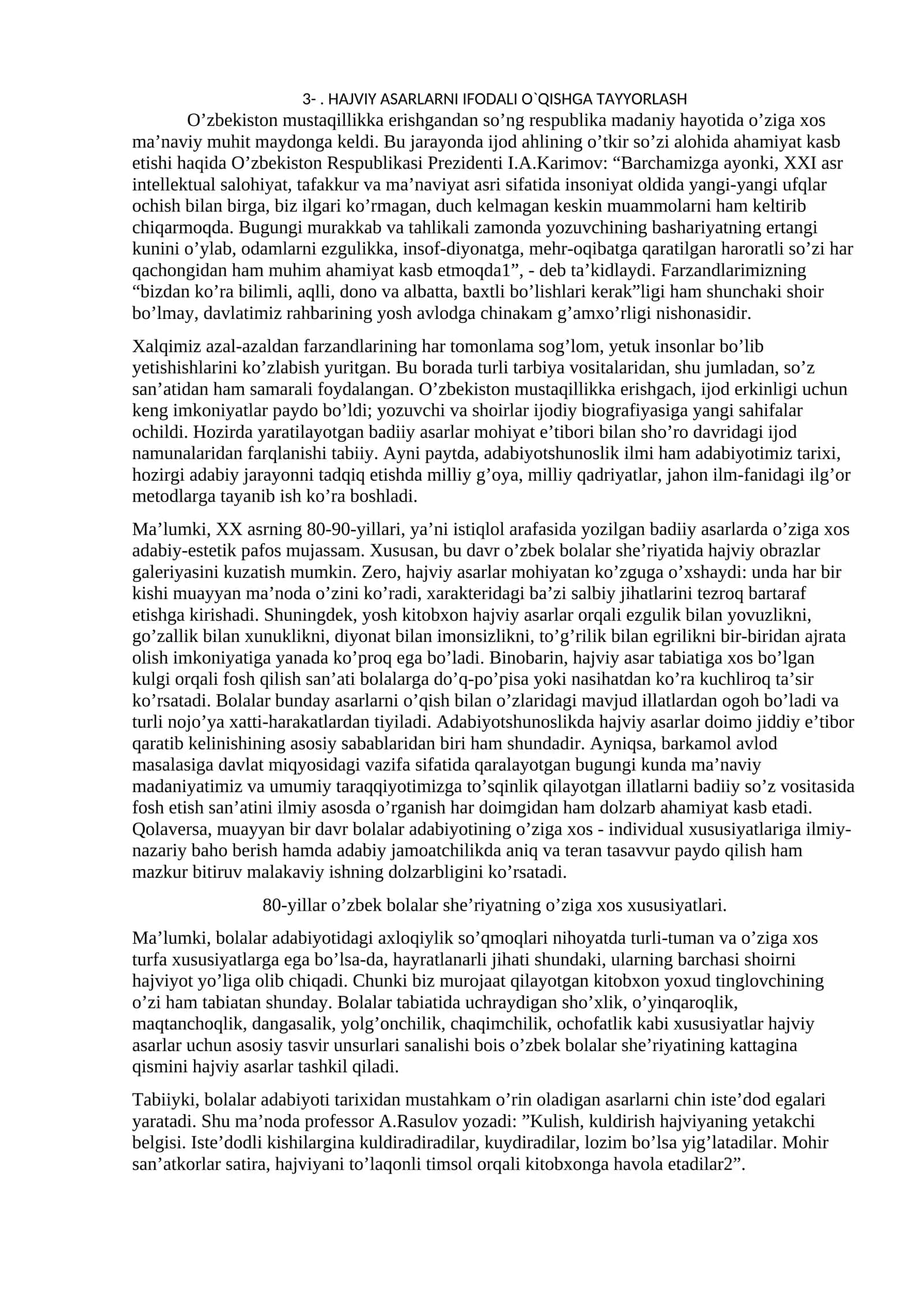 HAJVIY ASARLARNI IFODALI O`QISHGA TAYYORLASH