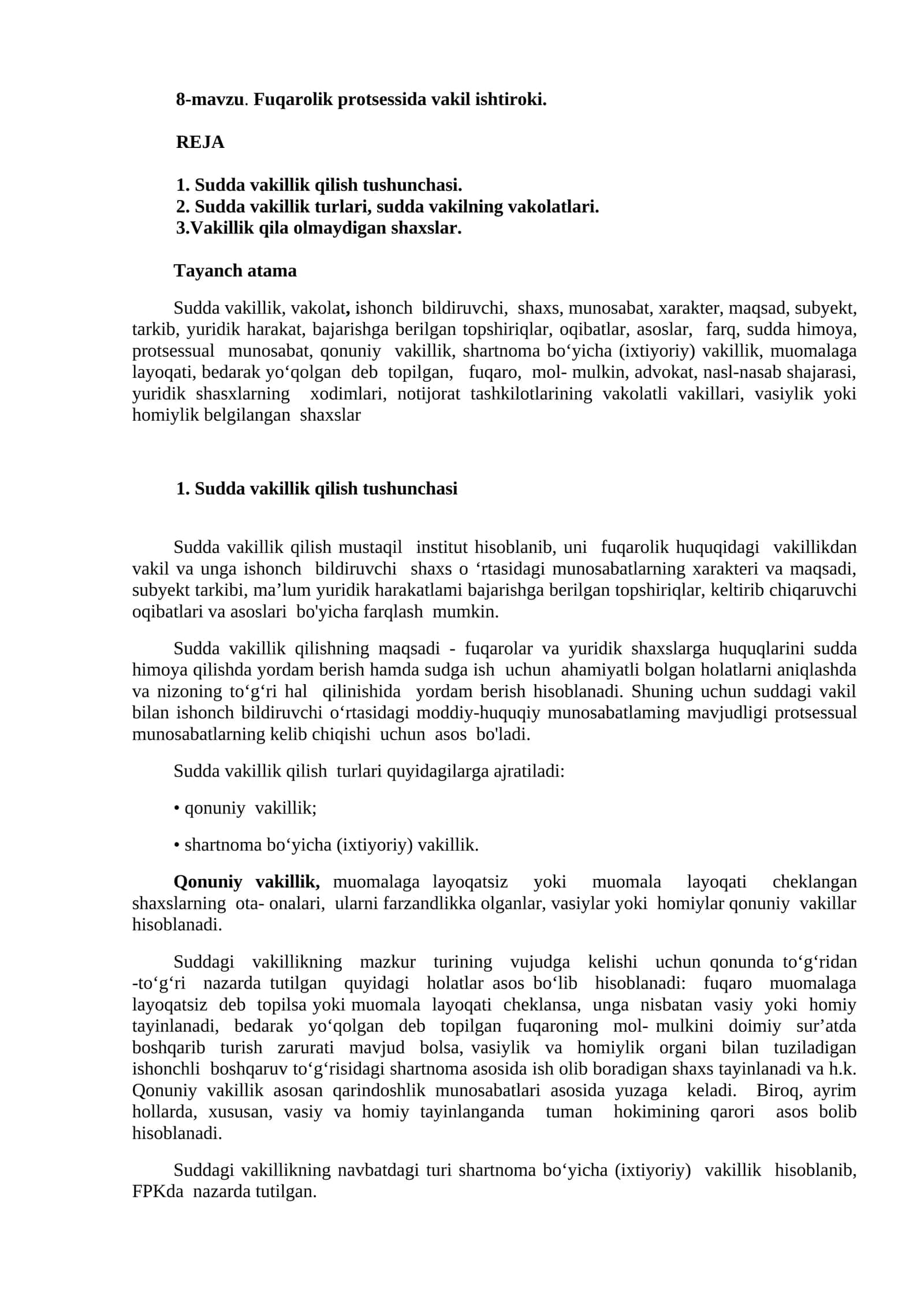 8-mavzu. Fuqarolik protsessida vakil ishtiroki