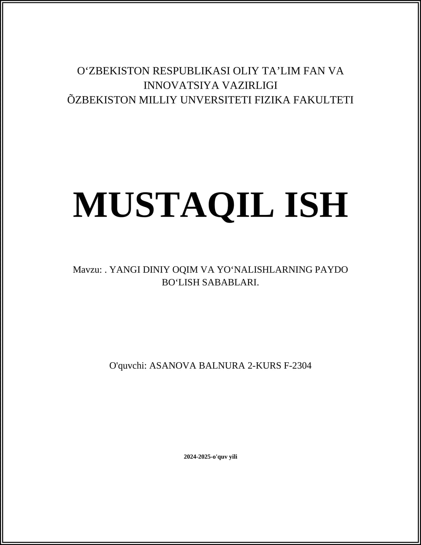 YANGI DINIY OQIM VA YO‘NALISHLARNING PAYDO BO‘LISH SABABLARI