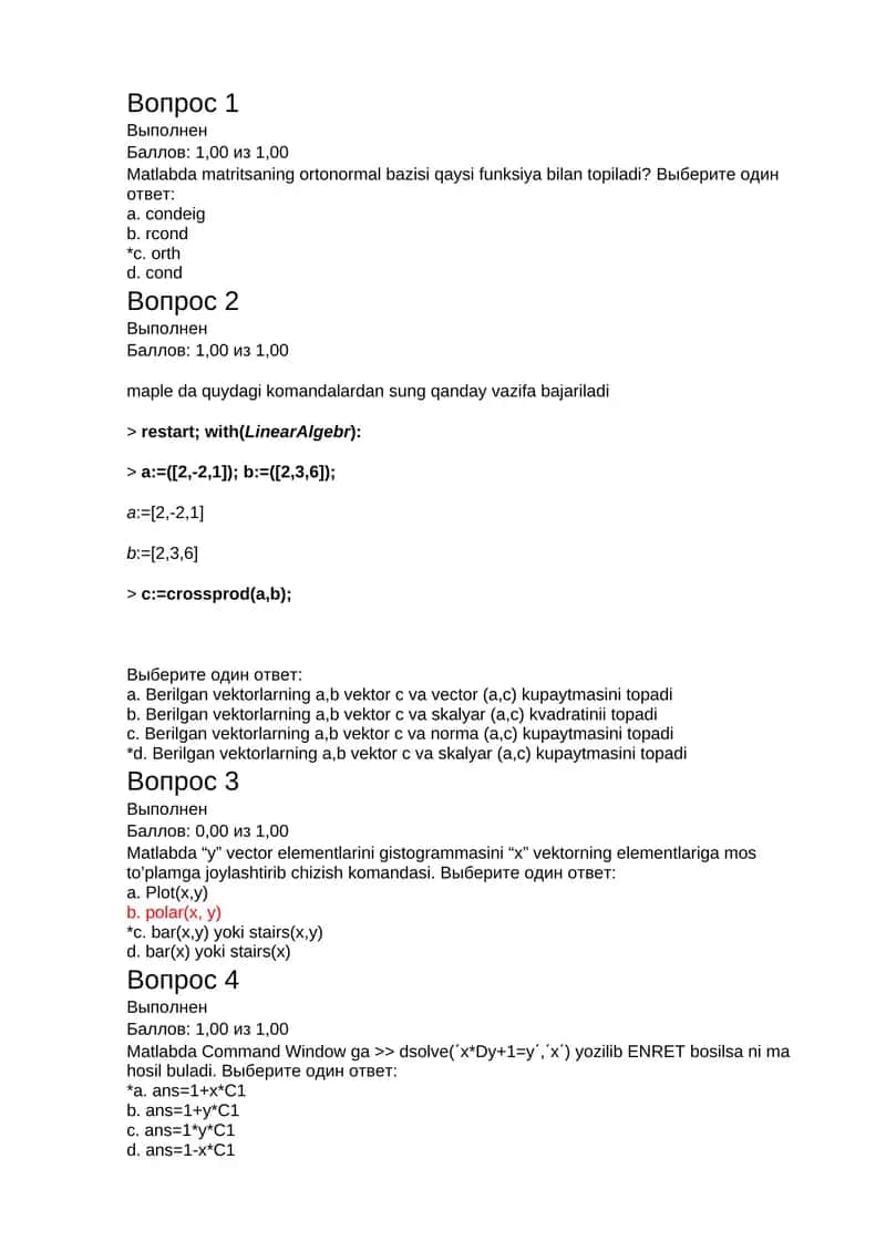Matlab va Maple dasturlari bo'yicha test savollari