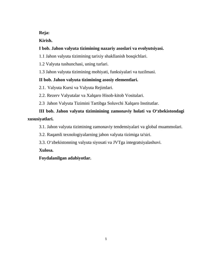 Jahon Valyuta Tizimi kurs ishi