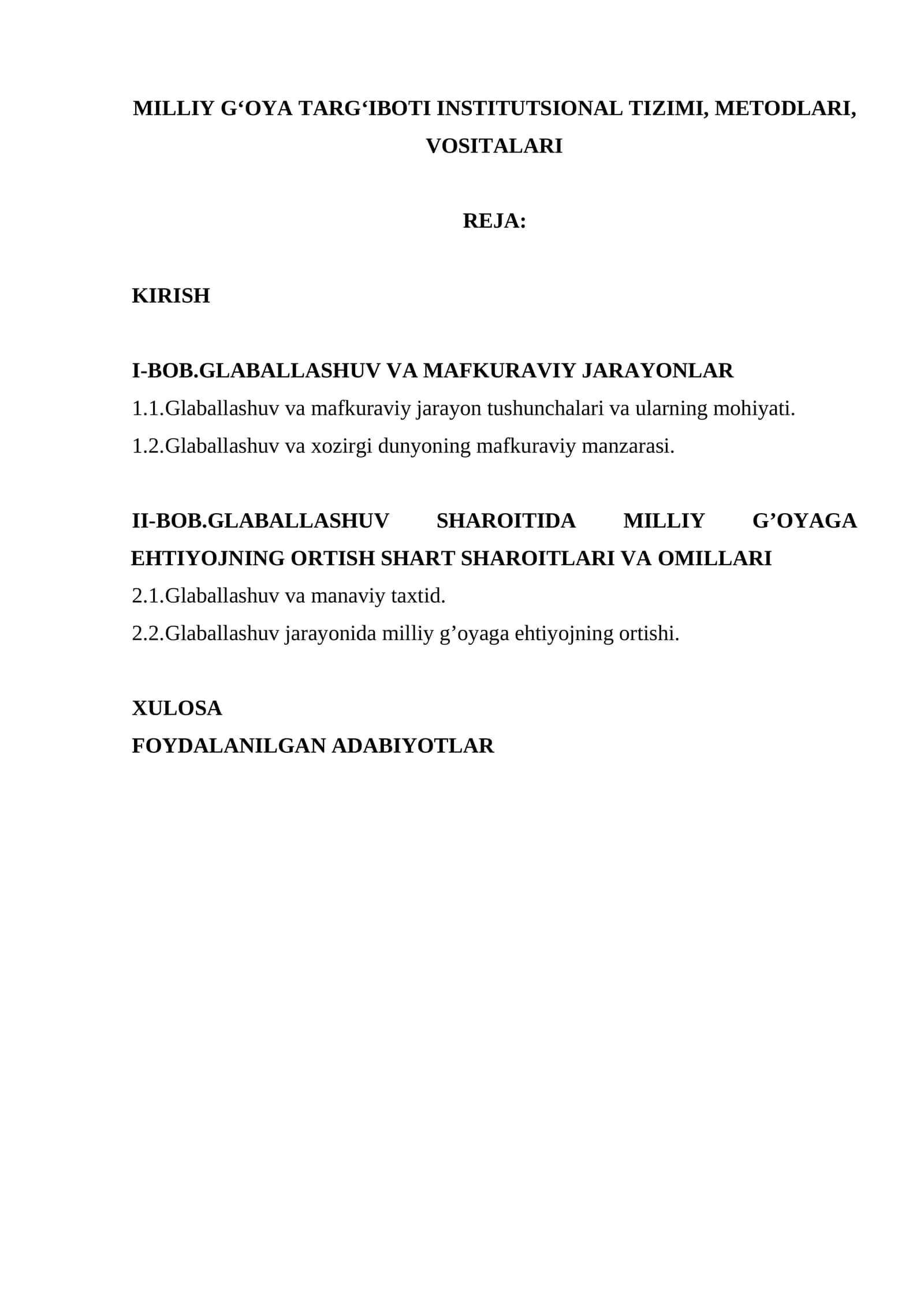 MILLIY G‘OYA TARG‘IBOTI INSTITUTSIONAL TIZIMI, METODLARI, VOSITALARI