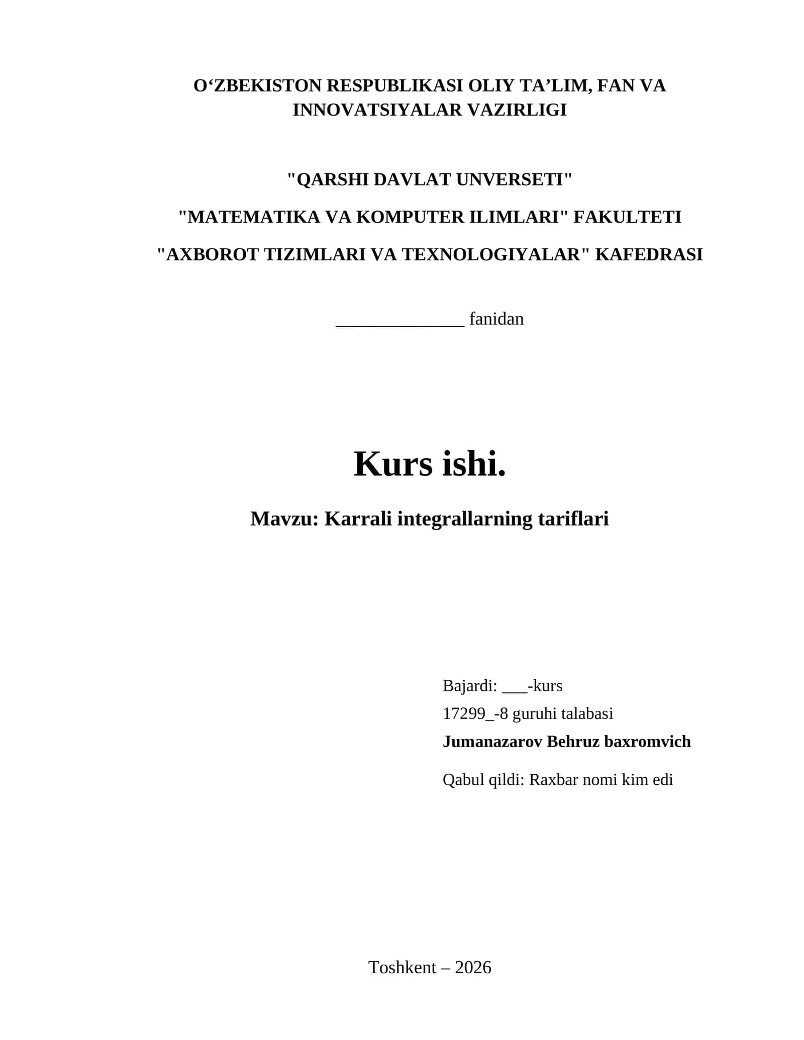 Karrali integrallarning tariflari