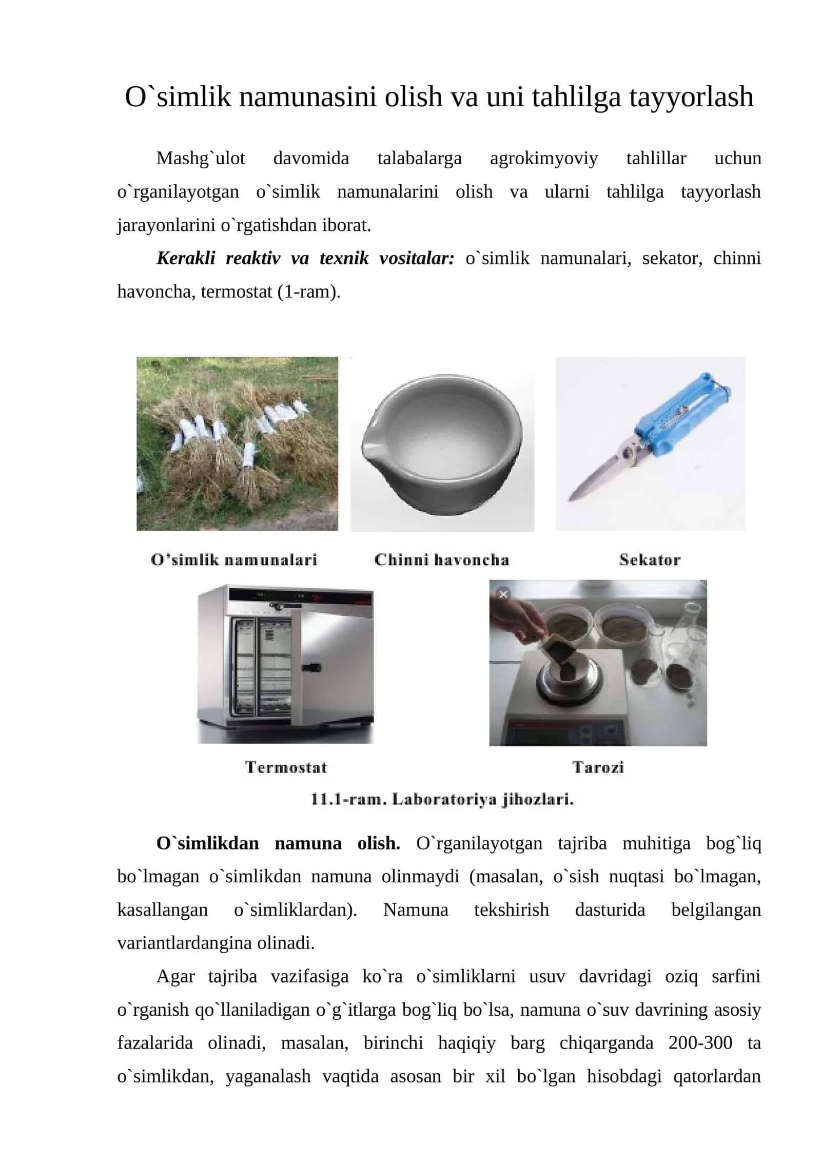 O`simlik namunasini оlish va uni tahlilga tayyorlash