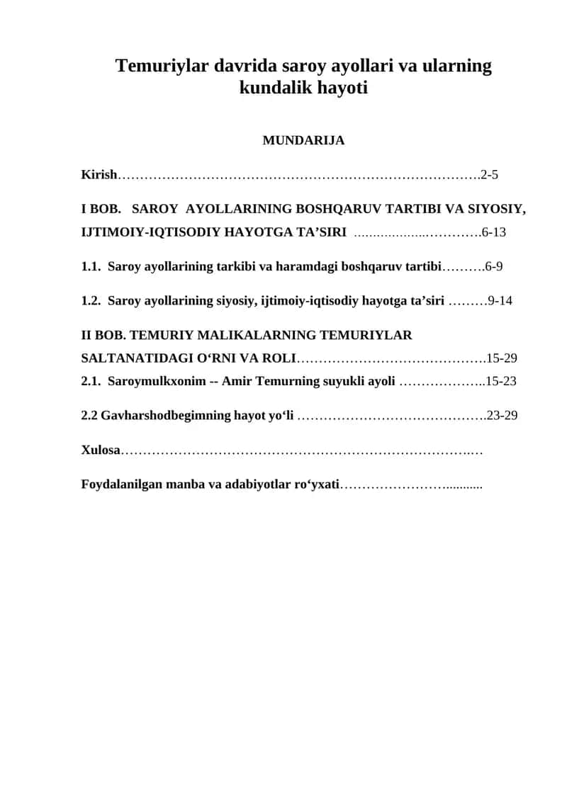 Temuriylar davrida saroy ayollari va ularning kundalik hayoti