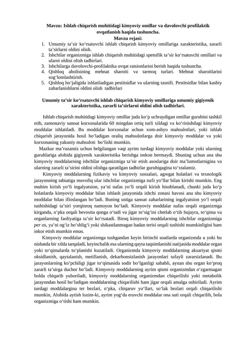 Ishlab chiqarish muhitidagi kimyoviy omillar va davolovchi profilaktik ovqatlanish haqida tushuncha