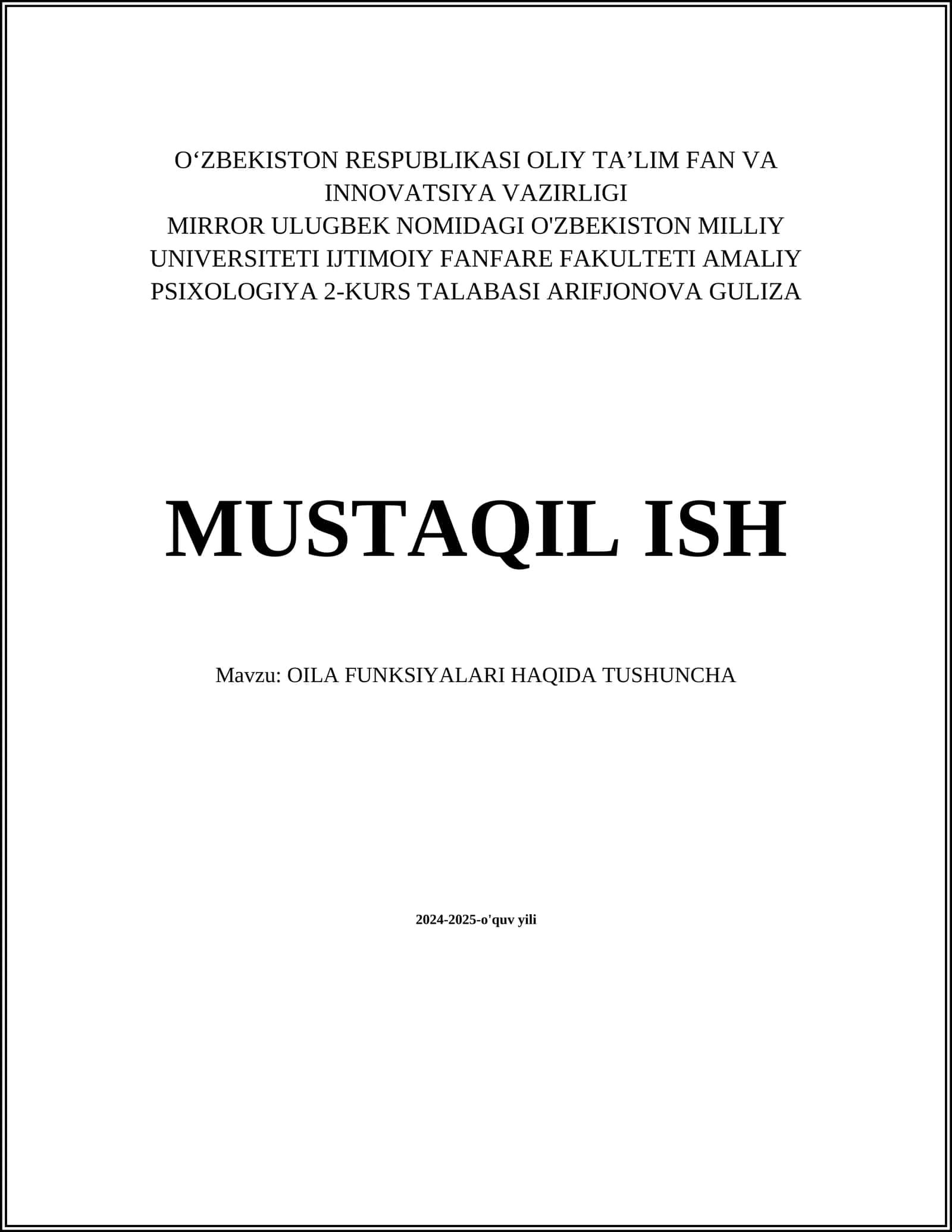 OILA FUNKSIYALARI HAQIDA TUSHUNCHA