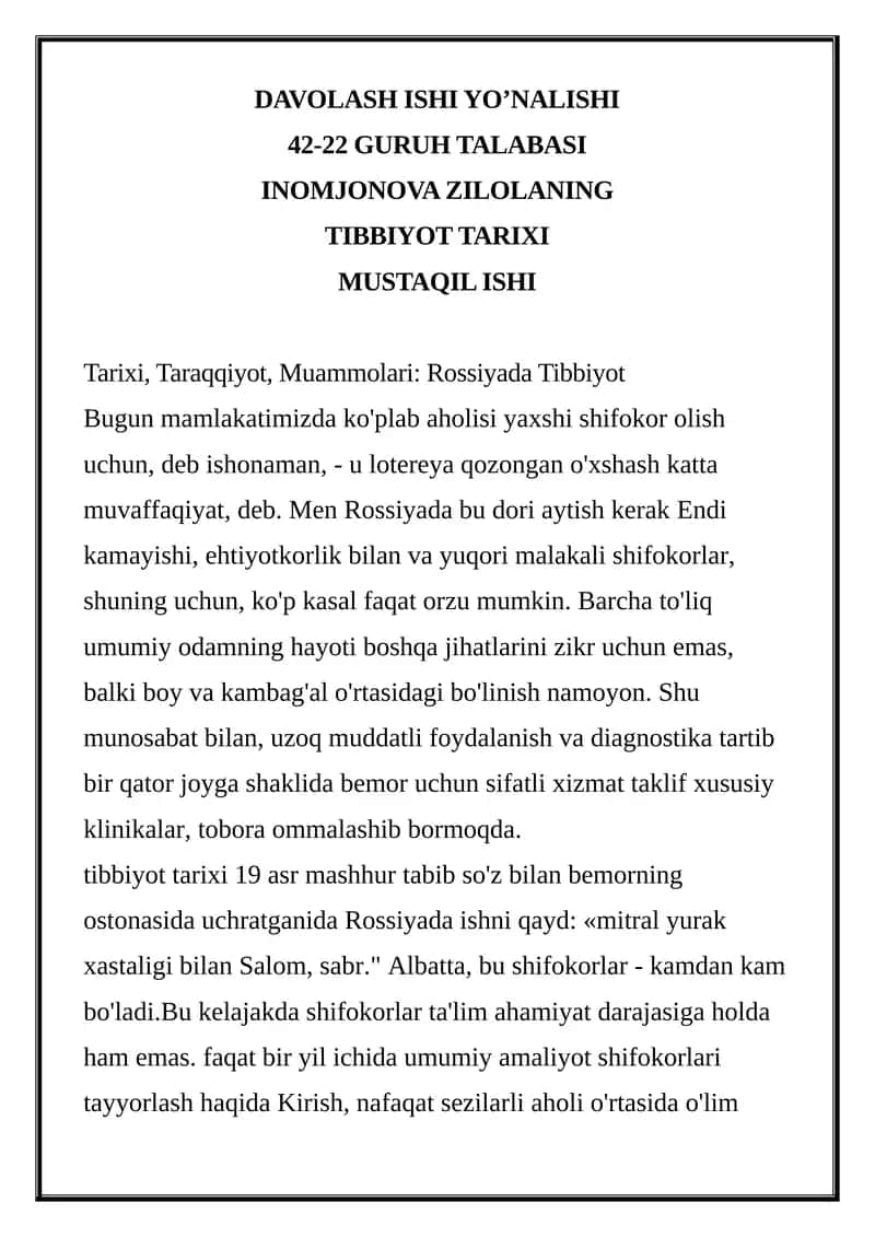 Rossiyada Tibbiyot Tarixi