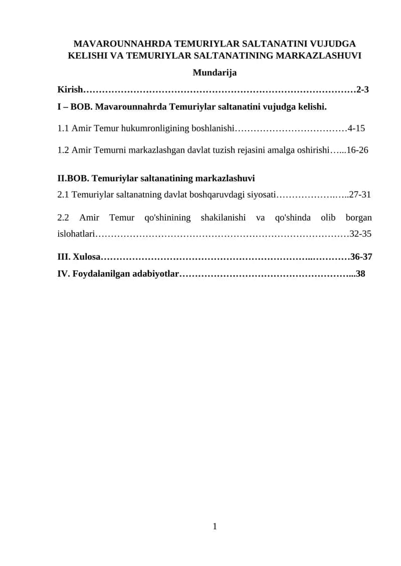 Mavarounnahrda Temuriylar saltanatini vujudga kelishi va Temuriylar saltanating markazlashuvi