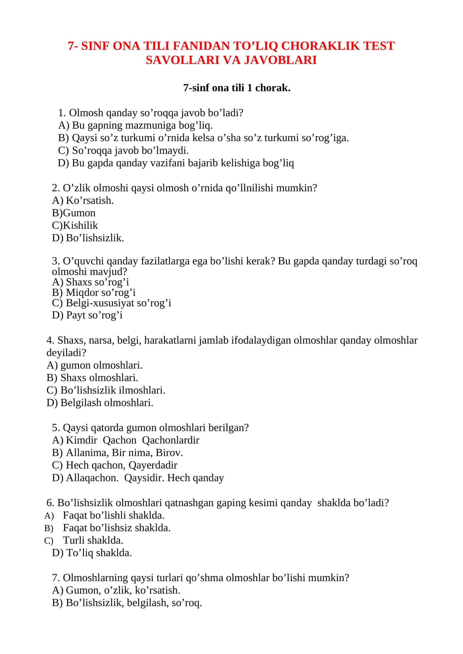 ONA TILI FANIDAN 7- SINF 1-2-3-4- CHORAK TEST SAVOLLARI VA JAVOBLARI