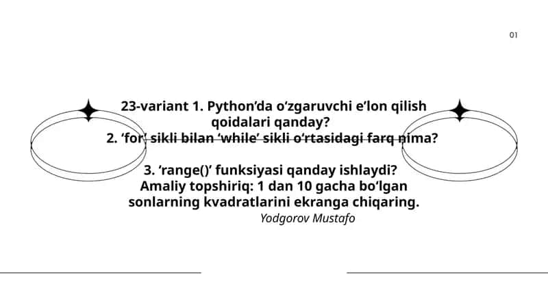 Python dasturlash tilida o‘zgaruvchi e’lon qilish, sikllar va funksiyalar