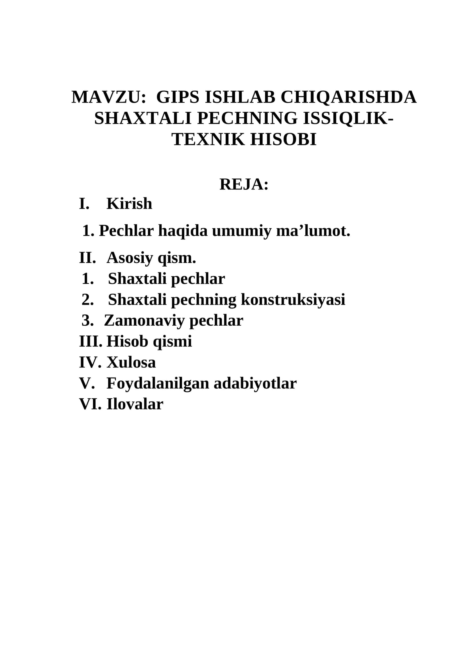 GIPS ISHLAB CHIQARISHDA SHAXTALI PECHNING ISSIQLIK-TEXNIK HISOBI