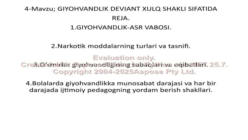 Giyohvandlik deviant xulq shakli sifatida reja