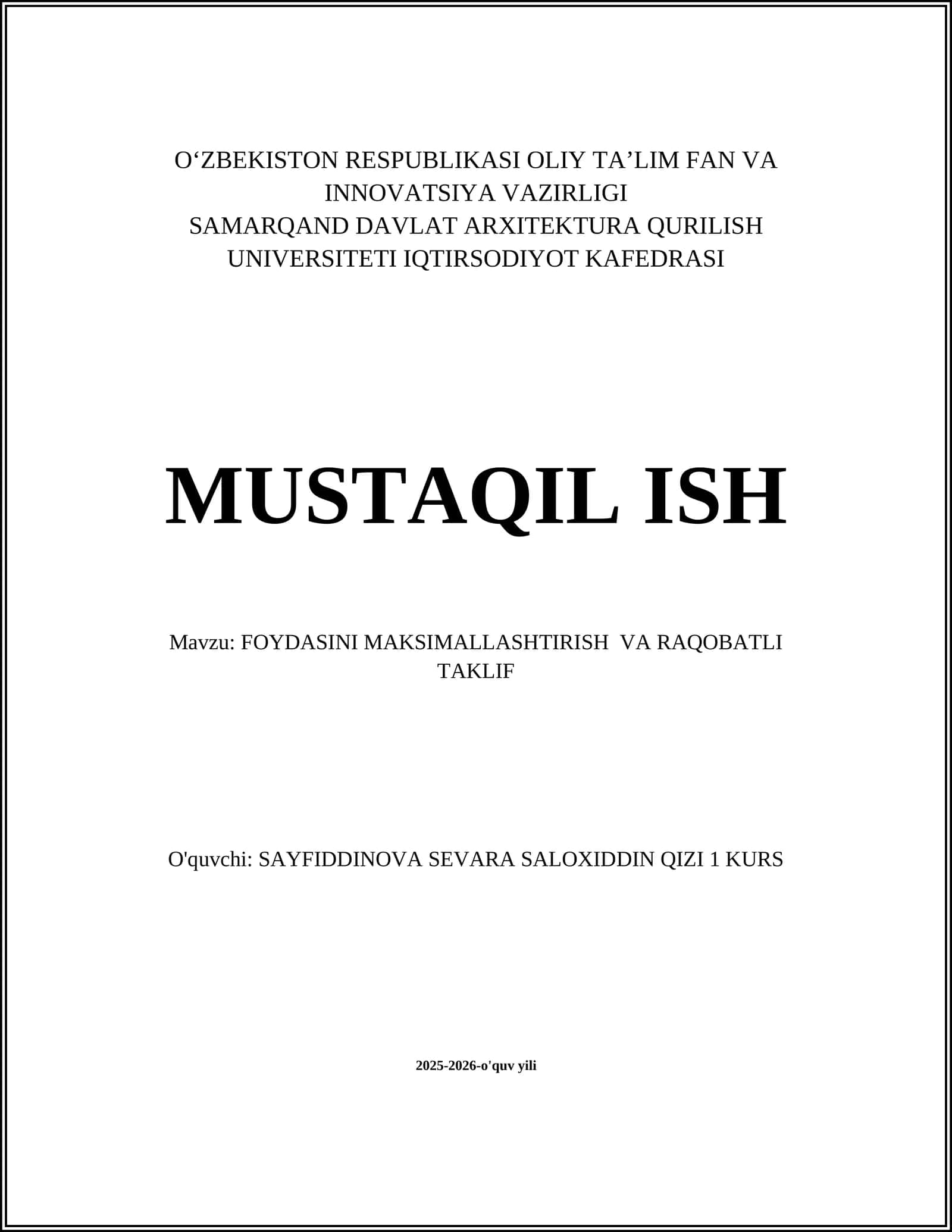 FOYDASINI MAKSIMALLASHTIRISH VA RAQOBATLI TAKLIF