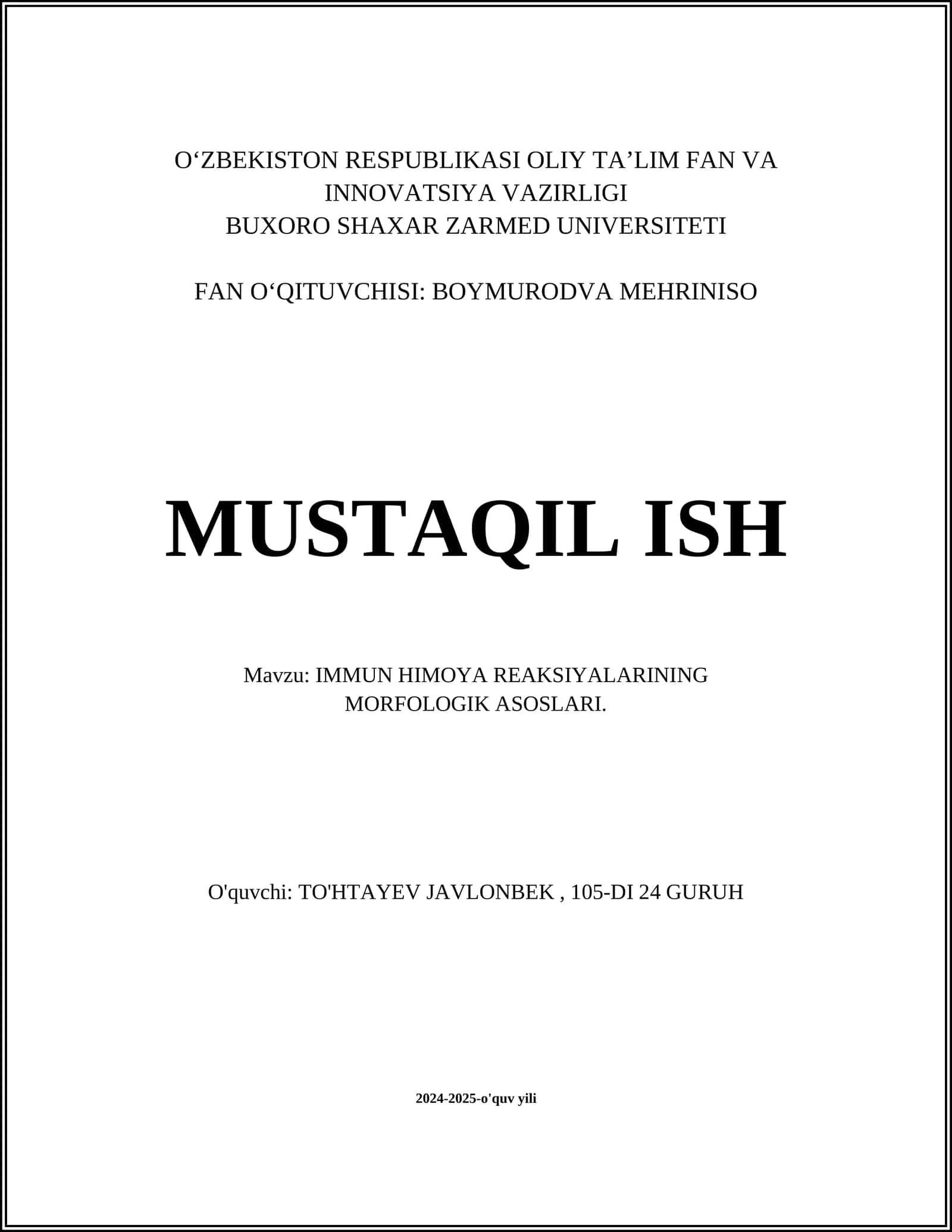 IMMUN HIMOYA REAKSIYALARINING MORFOLOGIK ASOSLARI