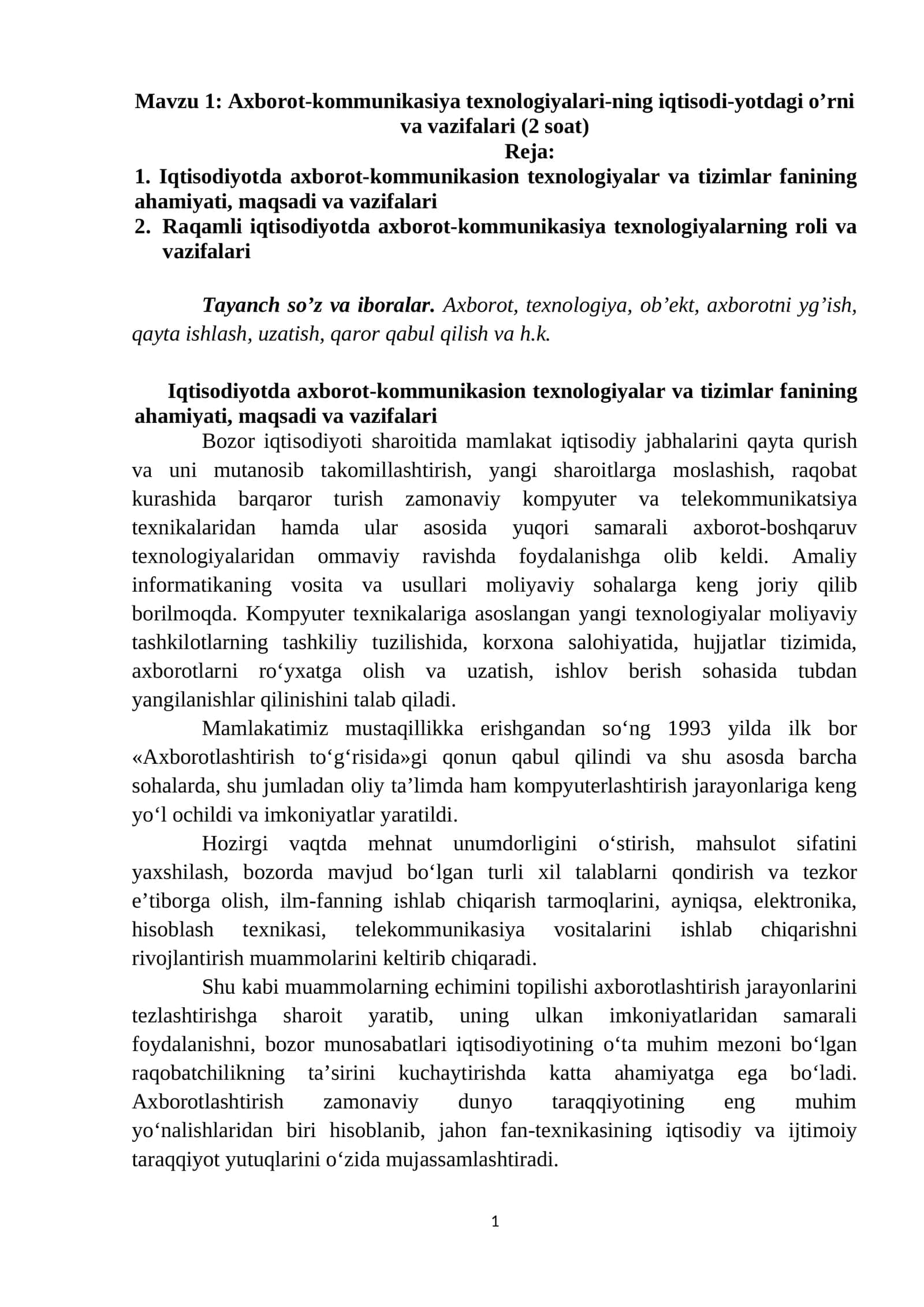 Axborot-kommunikasiya texnologiyalari-ning iqtisodi-yotdagi o’rni va vazifalari