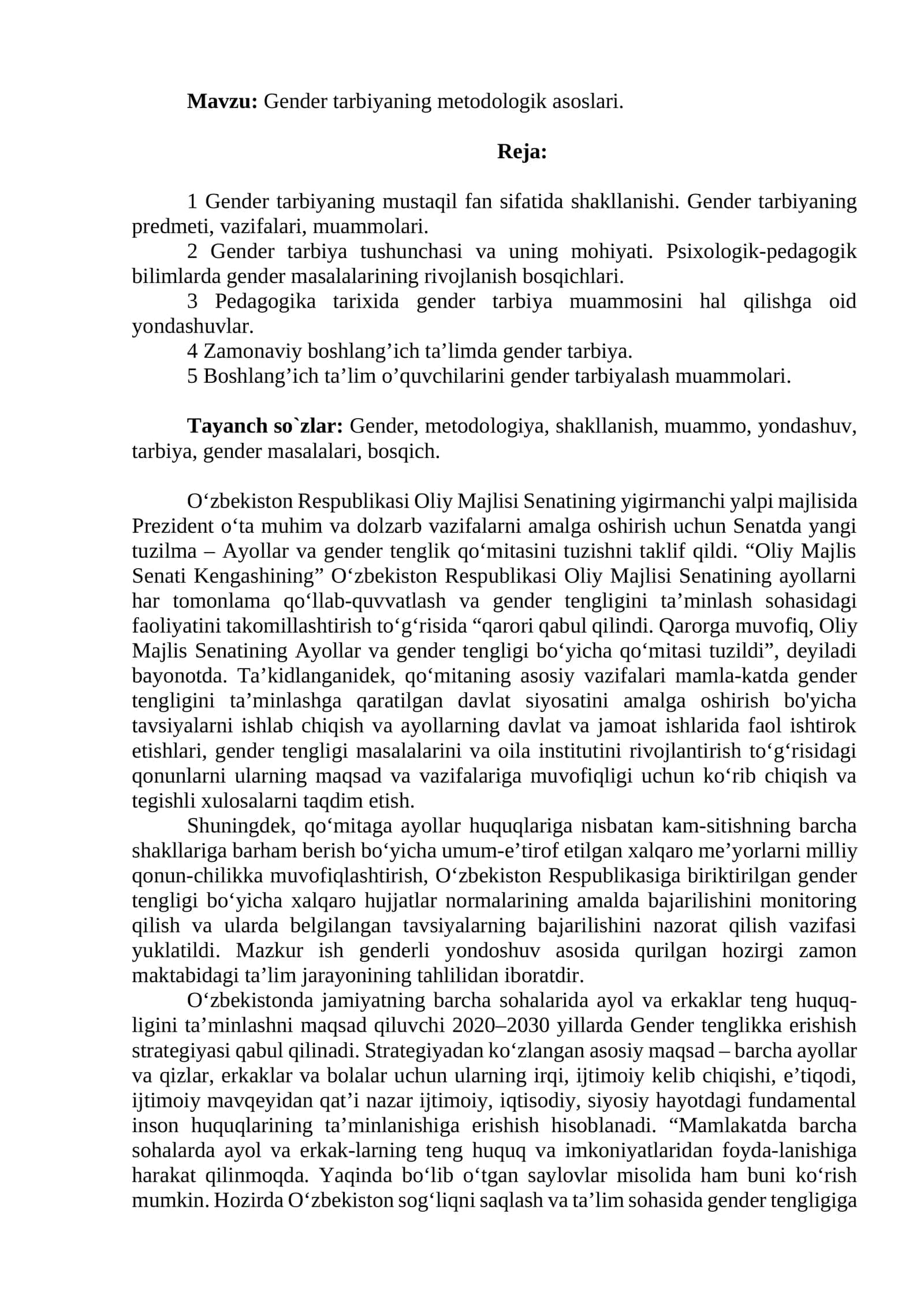 Gender tarbiyaning metodologik asoslari