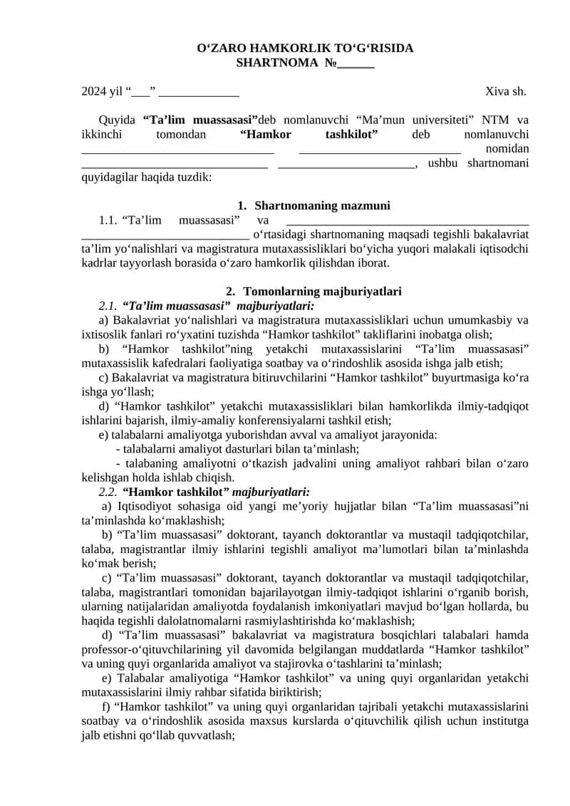 Ta’lim muassasasi va Hamkor tashkiloti bilan hamkorlik shartnomasi