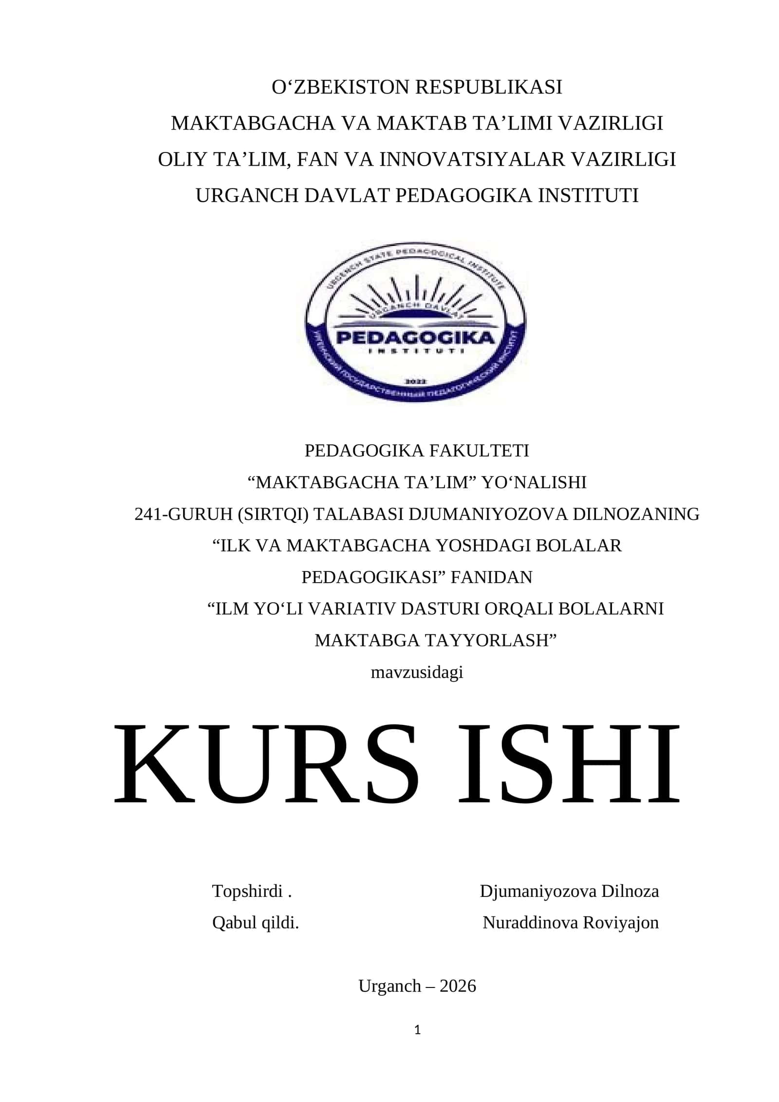 "ILM YO'LI" VARIATIV DASTURI ORQALI BOLALARNI MAKTABGA TAYYORLASH