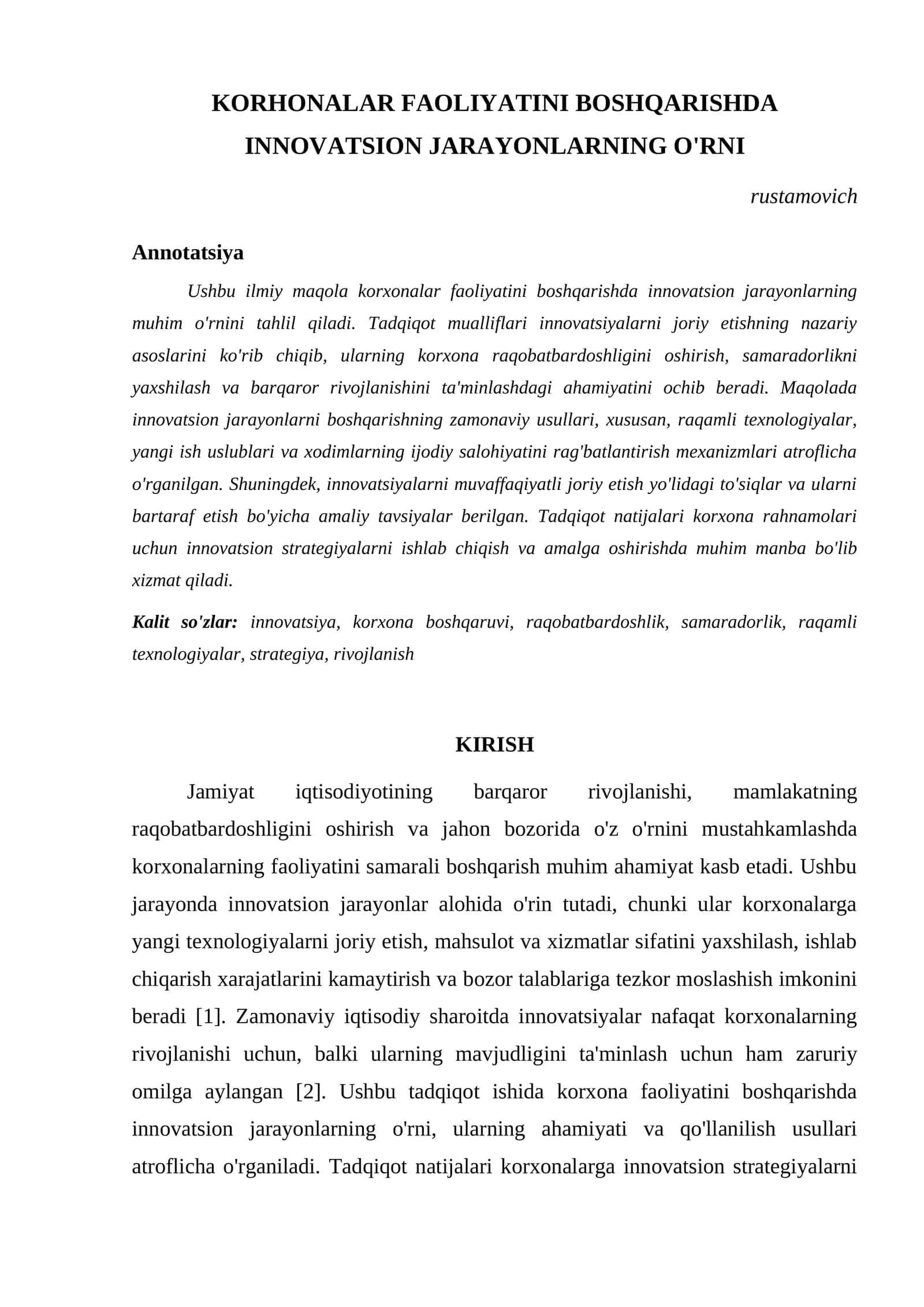KORHONALAR FAOLIYATINI BOSHQARISHDA INNOVATSION JARAYONLARNING O'RNI