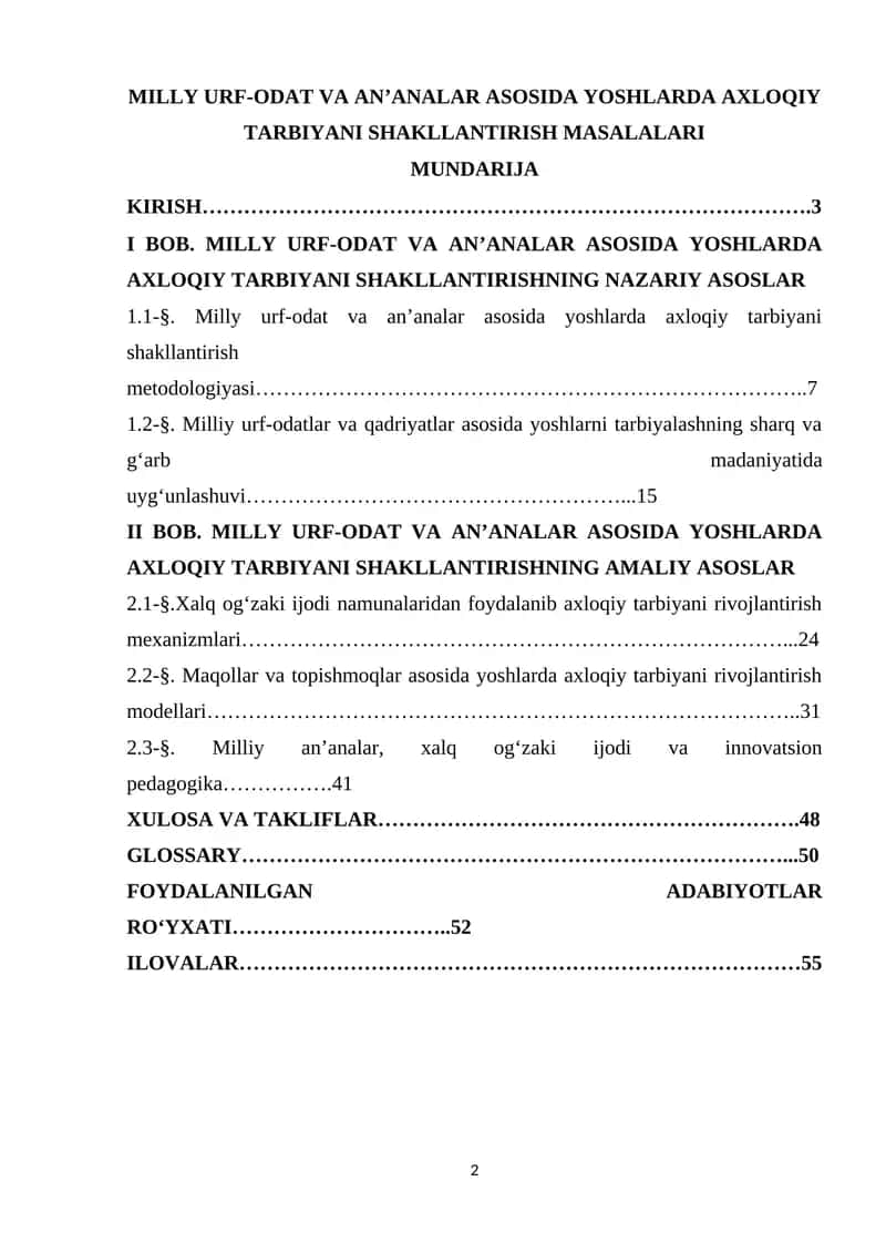 MILLY URF-ODAT VA AN’ANALAR ASOSIDA YOSHLARDA AXLOQIY TARBIYANI SHAKLLANTIRISH MASALALARI