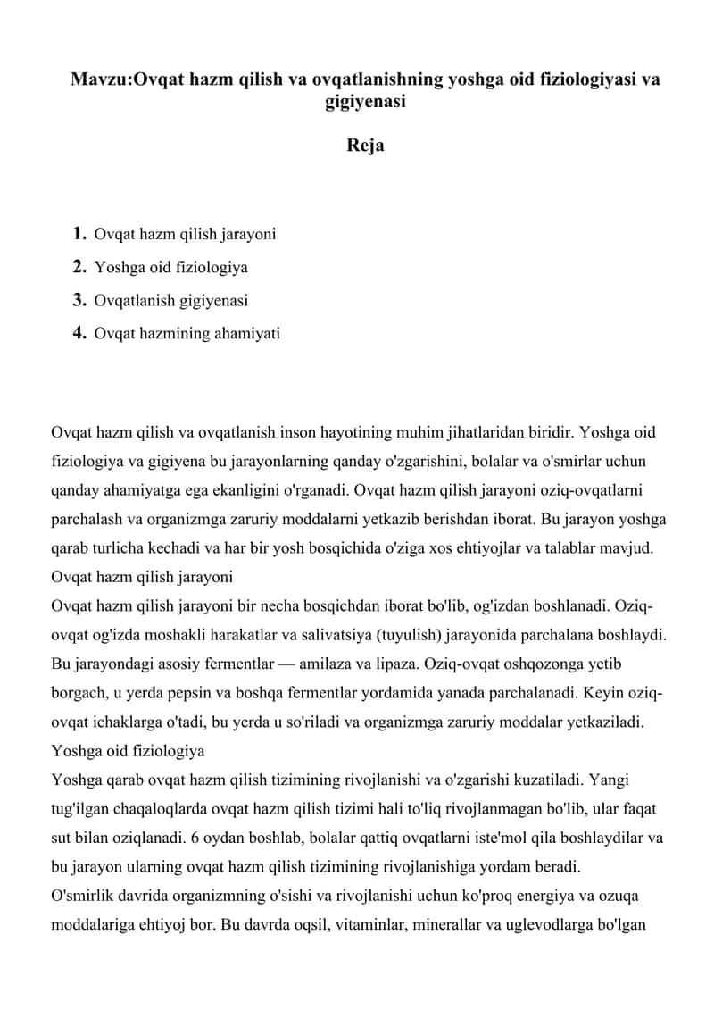 Ovqat hazm qilish va ovqatlanishning yoshga oid fiziologiyasi va gigiyenasi