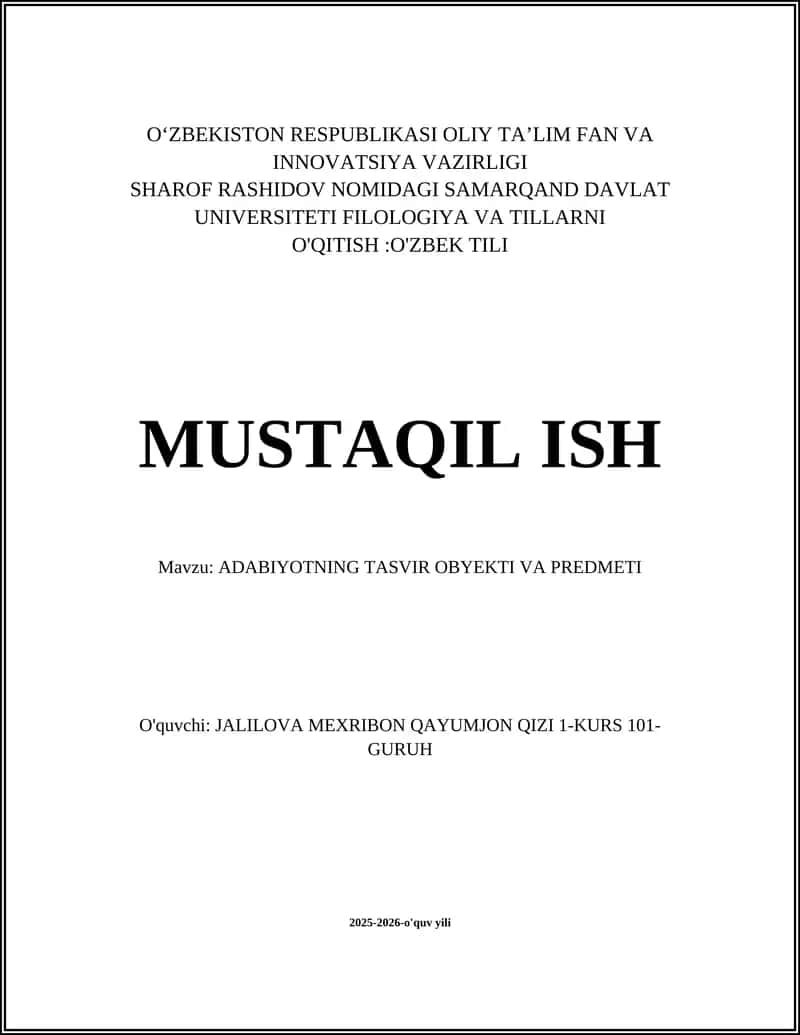 ADABIYOTNING TASVIR OBYEKTI VA PREDMETI